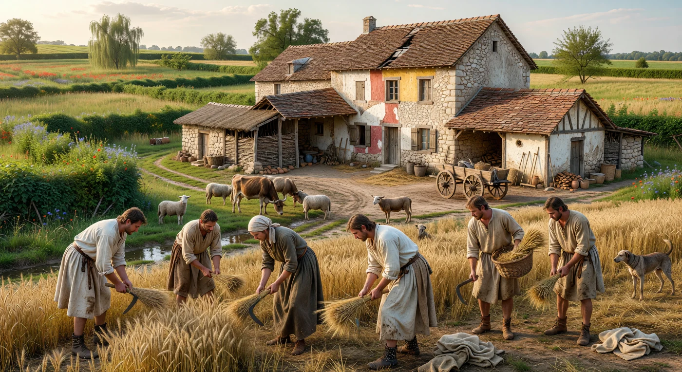 Sotto il sole estivo della Gallia settentrionale del III secolo, contadini gallo-romani dai volti segnati mietono farro, spelta e orzo con piccoli falcetti di ferro, mentre legano covoni tra siepi verdi, pecore e minuti bovini dalle lunghe corna. Sullo sfondo si erge una villa rustica costruita in muratura, con intonaci dipinti e tetti di tegole, affiancata da cortili, granai e annessi agricoli che mostrano la fusione tra tecniche romane e paesaggio provinciale locale. Queste tenute erano il cuore dell’economia rurale della Gallia romana, luoghi dove il lavoro stagionale dei contadini sosteneva insieme la famiglia, il mercato regionale e le reti commerciali dell’impero.