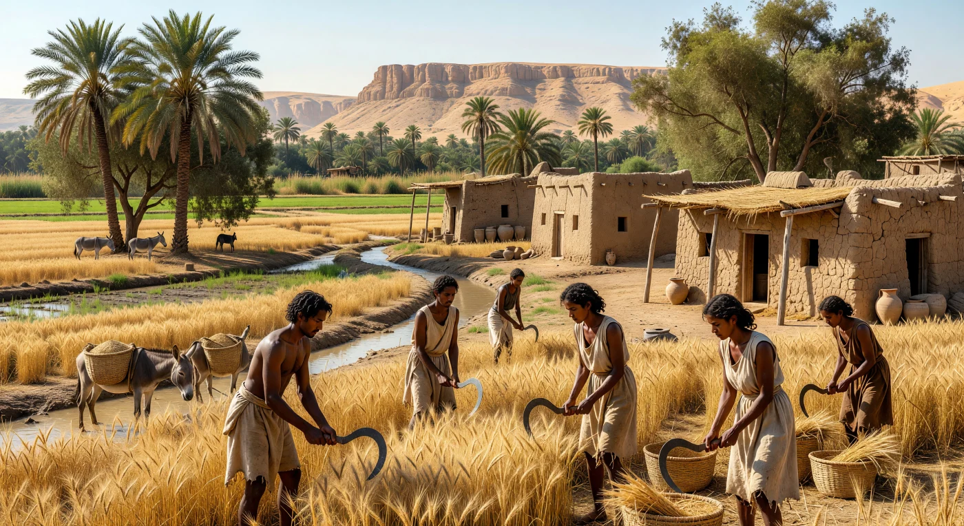 In questo villaggio rurale dell'Egitto romano del IV secolo, contadini locali mietono il grano emmer con falci di ferro sotto il sole cocente della tarda primavera, circondati da rigogliose palme da dattero e canali d'irrigazione alimentati dal Nilo. Sullo sfondo, le abitazioni in mattoni di fango e paglia riflettono tecniche costruttive millenarie, stagliandosi contro il netto contrasto tra la valle fertile e l'arido deserto sahariano. La scena illustra vividamente il ruolo cruciale dell'Egitto come granaio dell'Impero, dove le tradizioni indigene persistevano all'interno della complessa realtà amministrativa della tarda antichità.