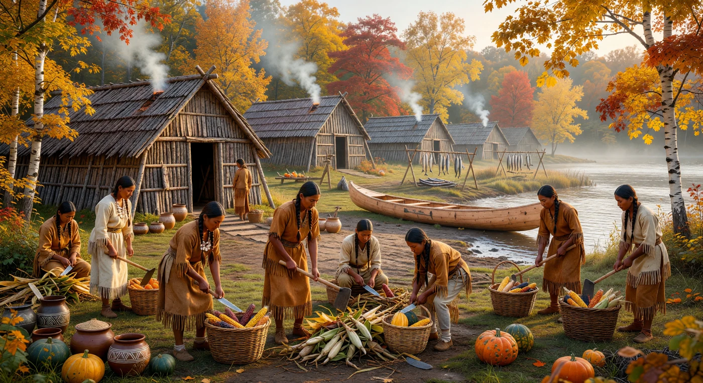 Sulle rive fertili del fiume San Lorenzo nel XIII secolo, le comunità irochesi sono ritratte durante il raccolto autunnale del mais e delle zucche, pilastri fondamentali della loro sussistenza agricola. Sullo sfondo svettano le tradizionali case lunghe, imponenti strutture in corteccia di cedro e olmo che ospitavano diversi clan familiari in villaggi semi-sedentari. Tra abiti in pelle di cervo e cesti di frassino intrecciato, questa scena cattura l'operosa armonia di una società complessa che fioriva nelle terre del Québec ben prima dell'arrivo degli europei.