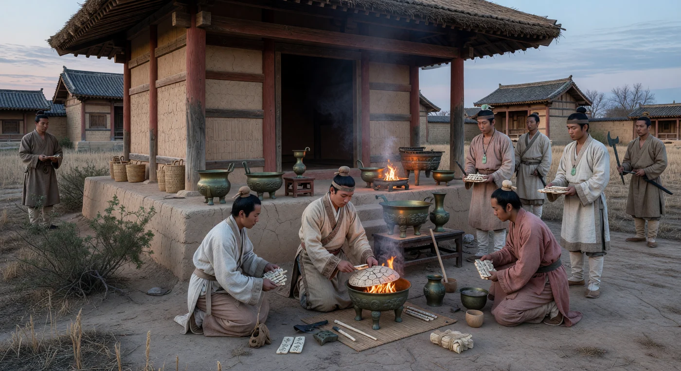 في ضوء نار الموقد البرونزي، يجثو عرّاف ملكي من أواخر عهد شانغ في يينشو قرب أنيانغ، وهو يسخّن لوح كتف ثور وصدفة سلحفاة مثقوبتين بعناية لتوليد التشققات التي تُقرأ منها إرادة الأسلاف والآلهة. خلفه ترتفع قاعة طقسية خشبية فوق مصطبة من التراب المدكوك، بينما يحيط به خدم بملابس من القنب والحرير يحملون عظام العرافة المنقوشة، وتلمع أواني البرونز الطقسية المزخرفة بأقنعة تاوتيه في وهج المساء البارد. تكشف هذه الطقوس، التي اشتهرت بها أسرة شانغ بين القرنين الثالث عشر والحادي عشر قبل الميلاد، عن عالم حكمٍ ارتبطت فيه السلطة الملكية بالكتابة المبكرة وصبّ البرونز الفاخر والتواصل مع قوى ما فوق البشر.