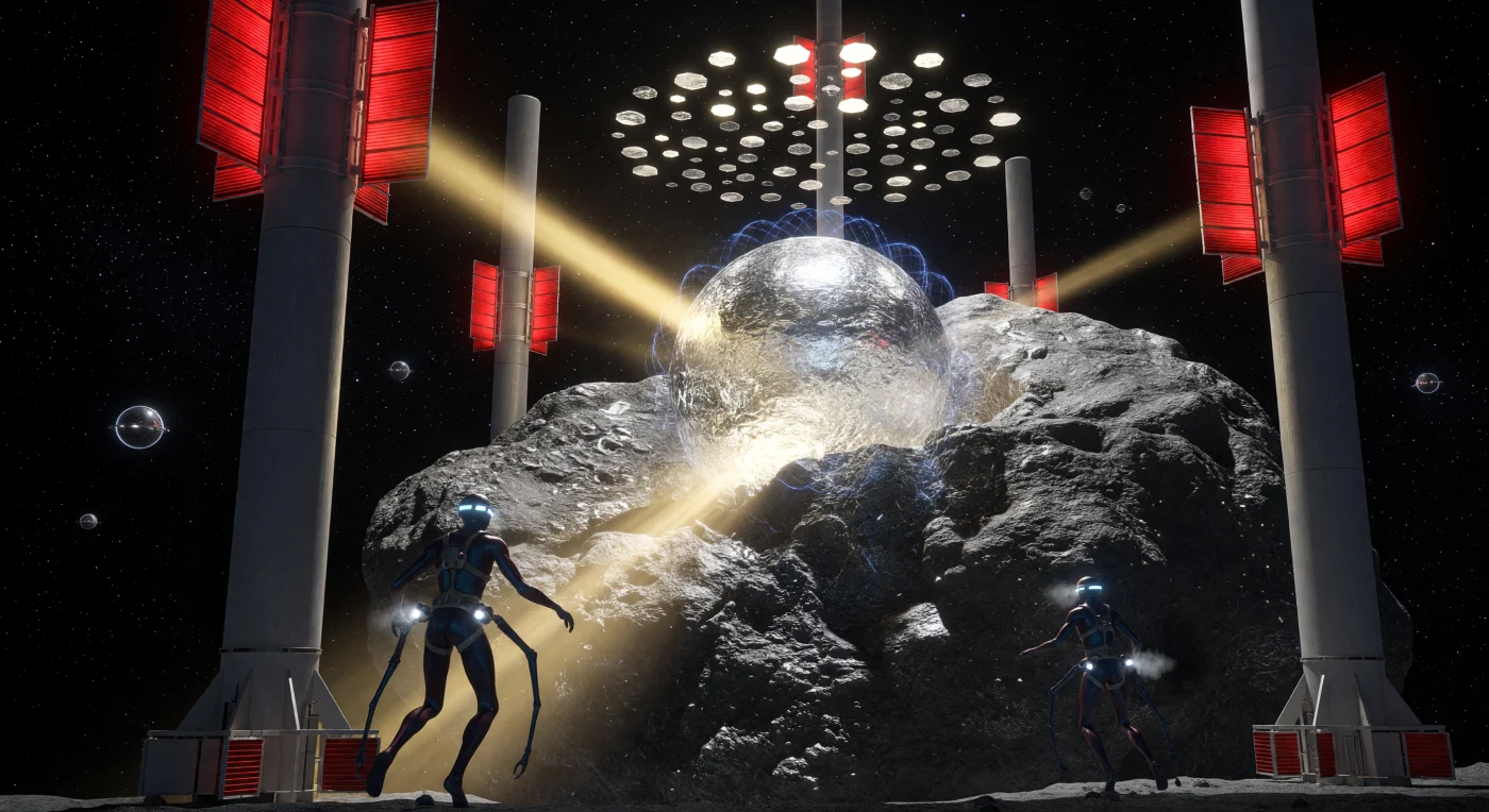 Nesta representação do Alvorecer Interestelar (3000–5000 d.C.), uma colossal matriz de espelhos foca a energia solar para liquefazer um asteroide de níquel-ferro no Cinturão Principal, mantendo o metal fundido em suspensão através de potentes campos magnéticos. Observamos os *Litho-Sapiens*, pós-humanos biologicamente adaptados ao vácuo e protegidos por tecidos ricos em chumbo, operando entre radiadores térmicos que brilham em tons de rubi para dissipar o calor extremo. Esta cena ilustra o apogeu de uma civilização de Nível 1.9 na Escala de Kardashev, que transmutou os recursos brutos do Sistema Solar em uma infraestrutura industrial integrada e autossustentável.