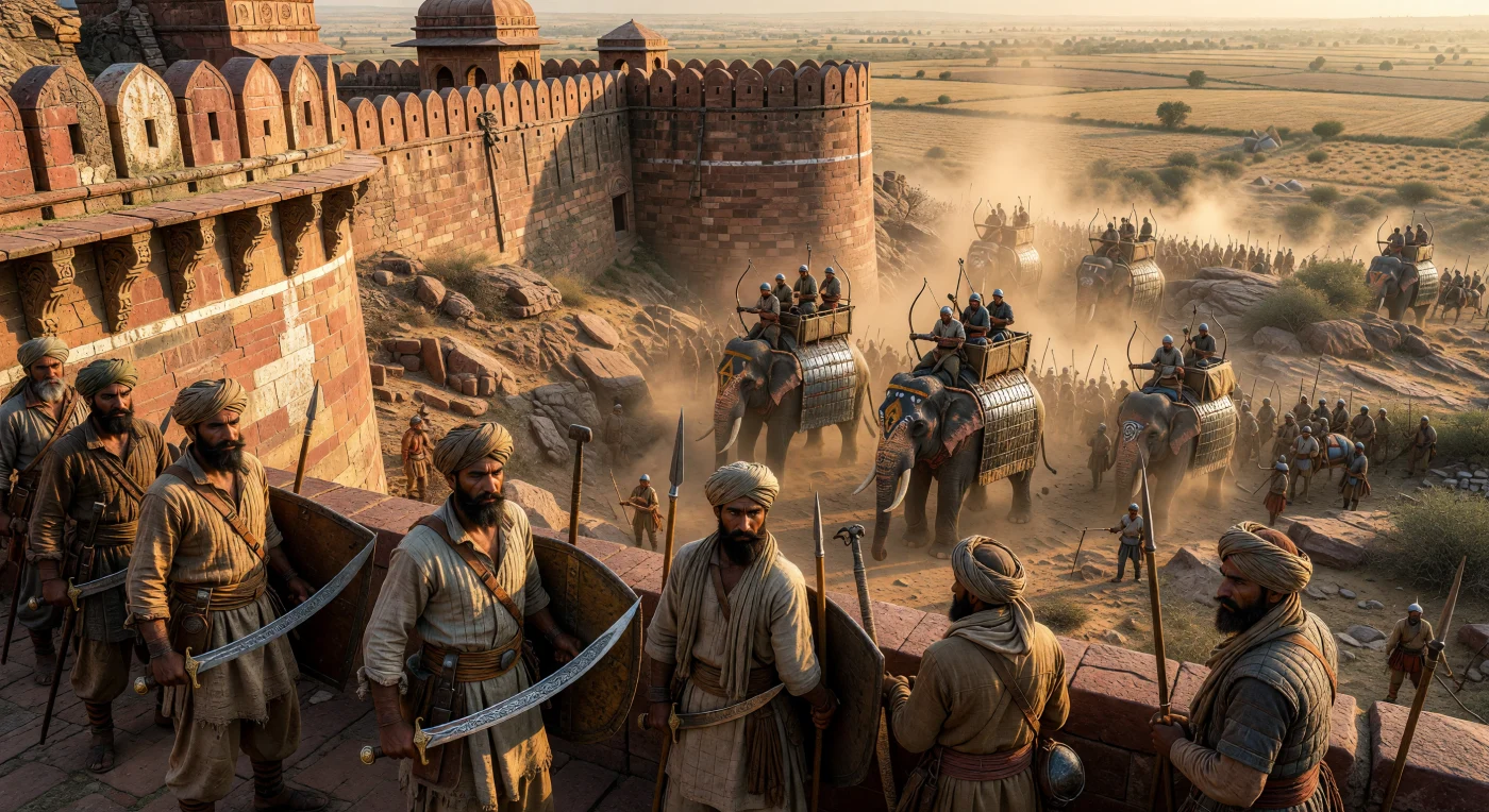 15वीं शताब्दी के इस दृश्य में, वीर राजपूत योद्धा मेवाड़ के लाल बलुआ पत्थर से निर्मित विशाल दुर्ग की प्राचीरों पर रक्षा के लिए तैनात हैं, जिनके हाथों में वूट्ज़ स्टील की पैनी तलवारें और भारी ढालें सुशोभित हैं। नीचे धूल भरी घाटी में, 'पाखर' कवच से सुसज्जित युद्ध-हाथी एक शक्तिशाली घेराबंदी की तैयारी कर रहे हैं, जो उत्तर-मध्यकालीन भारत के सैन्य कौशल और रणनीतिक संघर्षों को दर्शाता है। यह चित्रण उस काल की उन्नत वास्तुकला और राजपूतों के अदम्य साहस का एक जीवंत ऐतिहासिक दस्तावेज है।