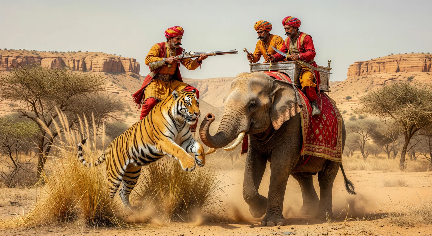 This scene illustrates a royal *Shikar* (hunt) in the 18th-century Rajasthani scrublands, where a Bengal tiger ambushes a heavily caparisoned war elephant. Rajput nobles, identifiable by their traditional quilted *Angarkhas* and upturned moustaches, defend themselves with a long-barreled *Toradar* matchlock and a *Wootz* steel talwar. Such hunts were significant social and political events during the late Mughal era, symbolizing the ruler’s power over the wild and his readiness for combat.