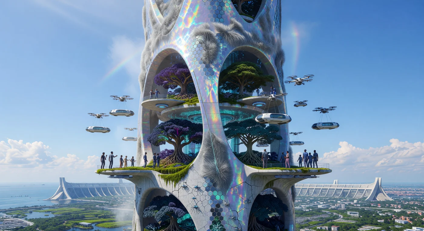 Dominando el horizonte de Nigeria en el año 2085, la Aguja de Alta Densidad de Lagos se erige como un testimonio arquitectónico del Amanecer Aumentado, una era definida por la integración radical entre biología y tecnología. Esta megaestructura de 1.200 metros, forjada en bioconcreto autorreparable y grafeno, sustenta un ecosistema vertical donde prosperan ejemplares de Roble Titán genéticamente modificados para la captura masiva de carbono. Bajo el sol cenital del Golfo de Guinea, drones industriales ensamblan módulos habitacionales sobre una "Ciudad Esponja" protegida por bastiones climáticos, reflejando la exitosa adaptación de la civilización a un mundo de niveles marinos elevados y simbiosis digital.