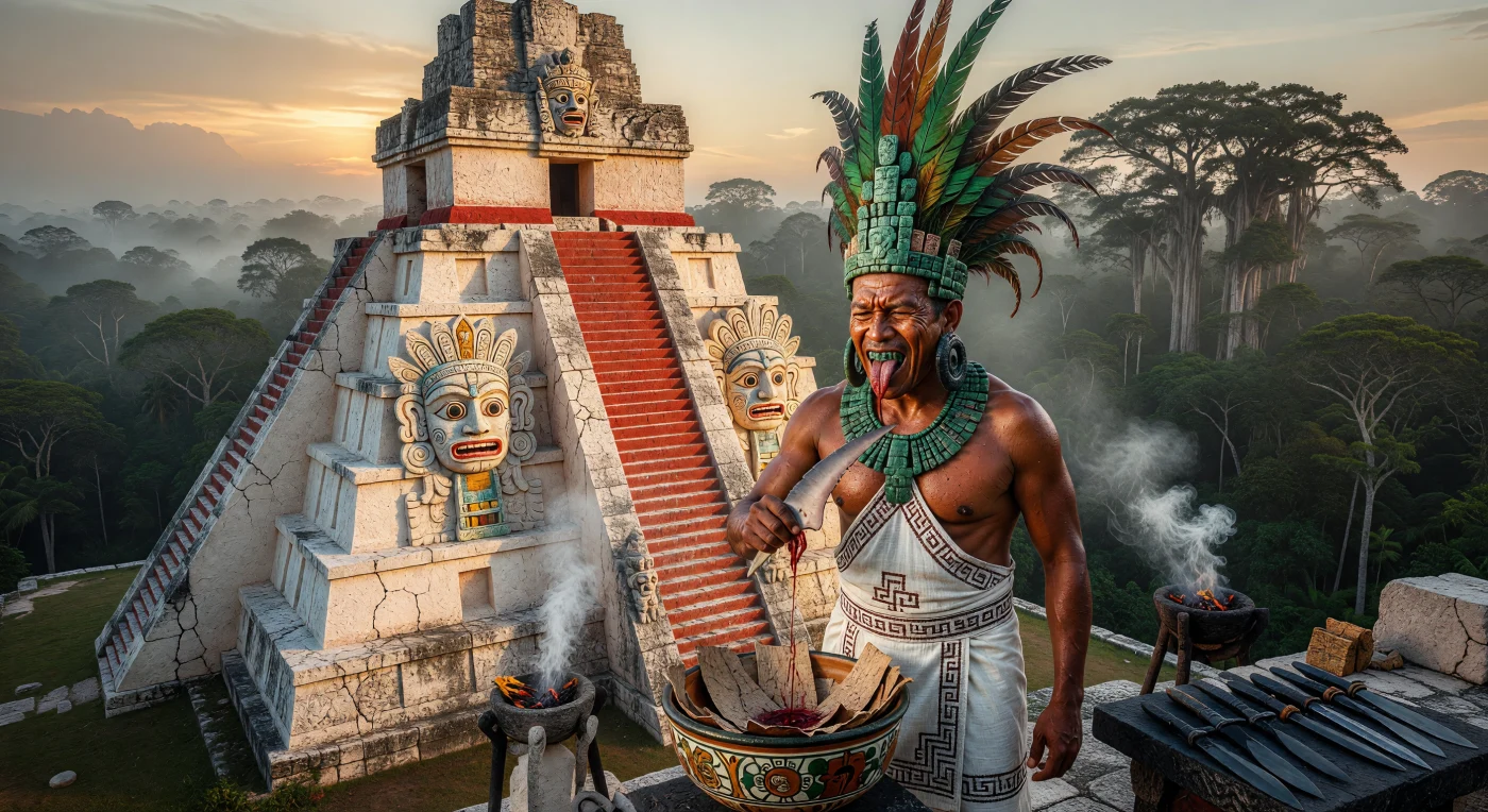 Un sovrano Maya del IV secolo d.C. compie un rito sacro di salasso sulla sommità di una piramide a Tikal, utilizzando una spina di pastinaca per offrire il proprio sangue alle divinità. La scena mette in risalto i segni distintivi del potere regale dell'epoca, tra cui la deformazione cranica, gli intarsi di giada nei denti e un monumentale copricapo di piume di quetzal, il tutto incorniciato da colossali maschere in stucco dipinto che raffigurano il Dio del Sole. Sullo sfondo, la fitta giungla del Petén avvolta nella nebbia mattutina e il fumo dell'incenso copale evocano l'atmosfera solenne di una cerimonia fondamentale per il mantenimento dell'ordine cosmico mesoamericano.