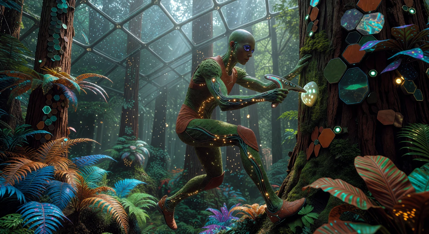 In dieser Rekonstruktion aus der Ära der Konvergenz (2100–2200 n. Chr.) sehen wir einen „Re-Wilder“-Arbeiter – eine durch Kohlenstoff-Nanoröhren verstärkte Variante des *Homo sapiens* – bei der Pflege eines vertikalen Ökosystems. Inmitten einer sauerstoffreichen geodätischen Kuppel interagiert er über einen photosynthetischen Exo-Skin-Anzug mit bio-integrierten Mammutbäumen und strukturell irisierenden Farnen. Diese Szene verdeutlicht die technologische Symbiose jener Epoche, in der die Grenze zwischen organischer Flora und künstlicher Evolution in einer neuen, globalen Gaia-Matrix vollständig verschmolz.
