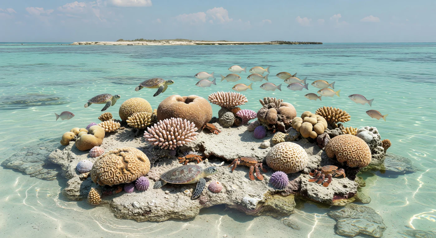 Dans la mer chaude et limpide de la Téthys septentrionale, il y a environ 50 à 45 millions d’années au début–milieu de l’Éocène, un petit récif corallien en taches s’élevait sur une plate-forme carbonatée peu profonde aux sables calcaires pâles. On y verrait des dômes de Porites, des rameaux délicats de Stylophora et des coraux en nid d’abeilles proches de Favites, autour desquels nagent des bancs étincelants de Mene rhombea et des tortues marines Eochelone, tandis que des échinoïdes violets et des crabes nageurs de type Portunus parcourent les anfractuosités. Cette scène illustre un monde de serre éocène, plus chaud qu’aujourd’hui, où les récifs de la mer de Téthys abritaient déjà des communautés marines complexes rappelant par certains aspects les écosystèmes tropicaux modernes.