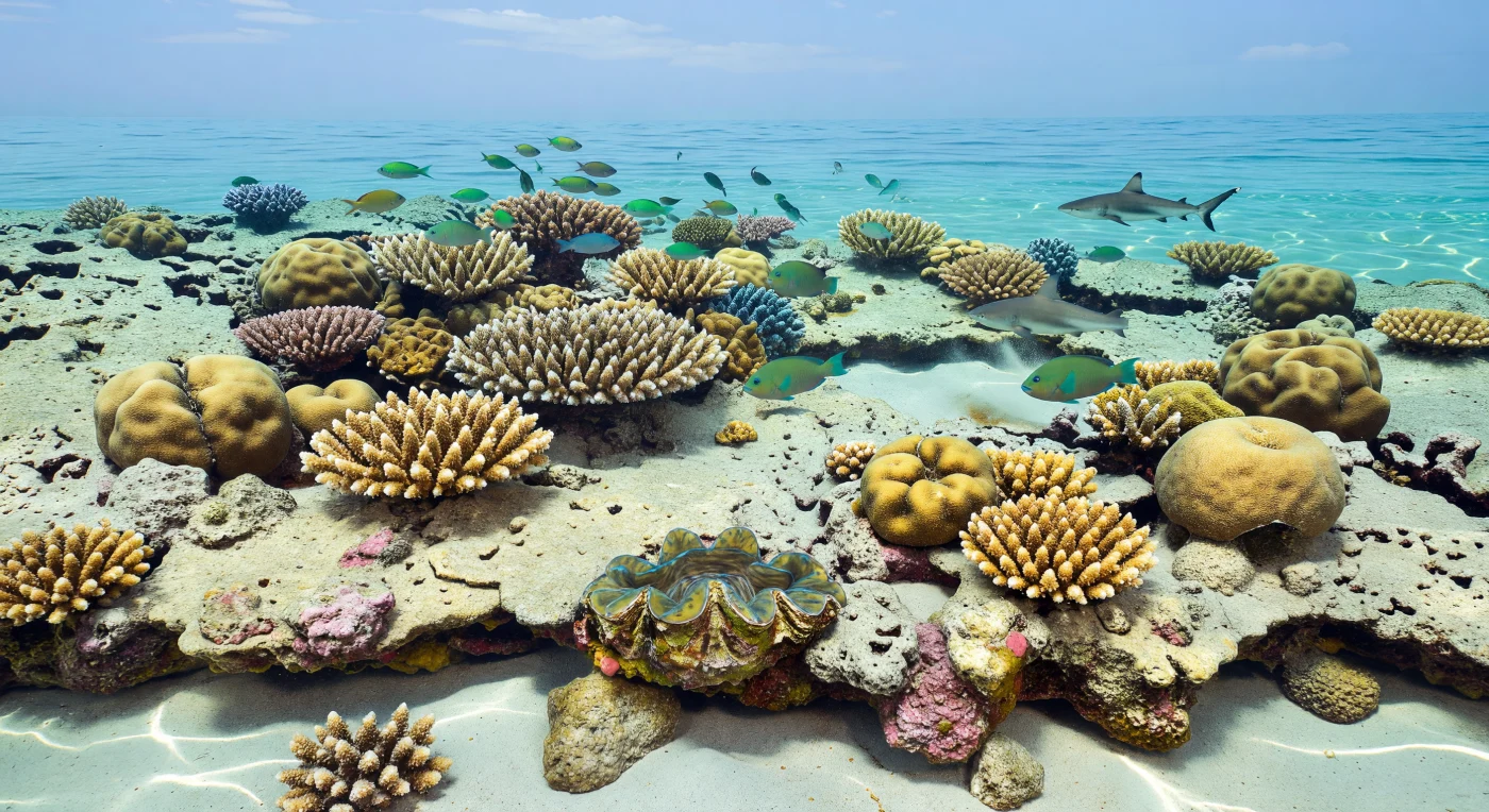 Num mar raso e cristalino do Indo-Pacífico, colónias ramificadas de Acropora e grandes domos de Porites crescem sobre um antigo terraço calcário talhado pelas ondas, remanescente do Pleistoceno tardio, há cerca de 126–20 mil anos, quando as oscilações do nível do mar durante as Idades do Gelo expunham e voltavam a inundar estas plataformas recifais. Entre a areia branca carbonatada e a rocha coralina litificada, um Tridacna gigas abre o seu manto iridescente, enquanto cardumes de Chromis azul-esverdeados pairam sobre o recife, peixes-papagaio do género Scarus raspam algas da superfície morta e um tubarão-de-pontas-negras, Carcharhinus melanopterus, cruza o rebordo em direcção ao azul profundo. Este cenário mostra como os recifes tropicais funcionaram como refúgios dinâmicos de biodiversidade em tempos de grandes mudanças climáticas.