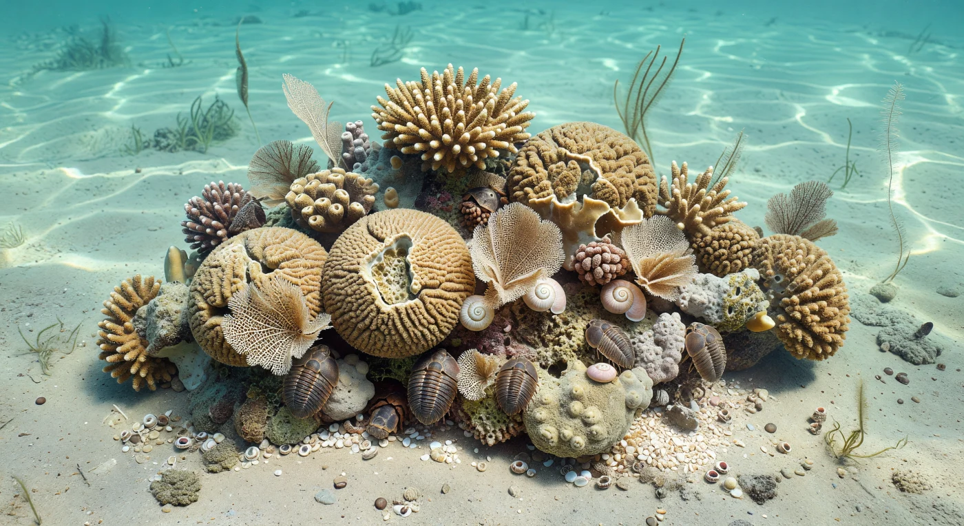 Sob águas rasas azul-turquesa de um mar epicontinental do Carbonífero, há cerca de 330–320 milhões de anos, eleva-se um pequeno recife biogénico formado por corais rugosos coloniais como Lithostrotion e Siphonodendron, entrelaçados com delicados briozoários rendilhados de Fenestella e esponjas chaetetídeas. Entre as colónias coralinas, trilobites Phillipsia de apenas 4–6 cm rastejam sobre areia carbonatada e fragmentos de esqueletos, enquanto gastrópodes Bellerophon de concha lisa se abrigam nas reentrâncias do recife. Longe de um recife moderno, esta estrutura baixa e dispersa mostra como invertebrados marinhos paleozoicos construíam o fundo de mares quentes e pouco profundos num mundo muito anterior aos peixes recifais e aos corais atuais.
