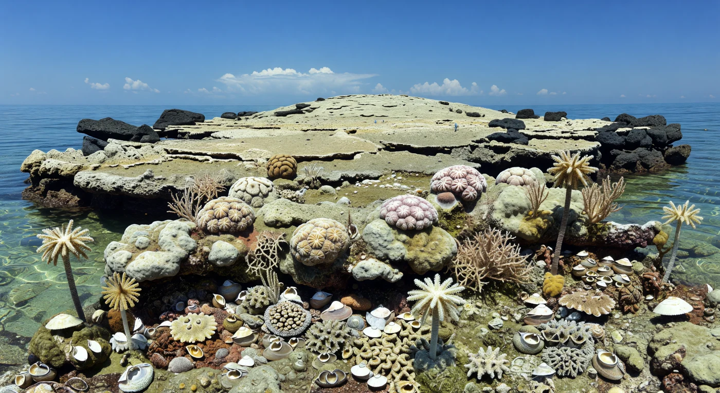 Num mar tropical raso do Panthalassa, há cerca de 265–253 milhões de anos, um recife paleozoico cobre a tampa carbonatada de um monte submarino vulcânico, onde afloramentos de basalto negro contrastam com calcários claros sob a luz intensa do meio-dia. Sobre montículos construídos por esponjas e microrganismos crescem colónias de coral rugoso Waagenophyllum, delicados briozoários ramificados, crinóides pedunculados com até 1 metro de altura e densos bancos de braquiópodes como Neospirifer e Horridonia. Esta comunidade exuberante, isolada em pleno oceano aberto, representa um dos ecossistemas marinhos que floresceram pouco antes da extinção do fim do Permiano — a “Grande Morte” — que apagaria grande parte da vida marinha da Terra.