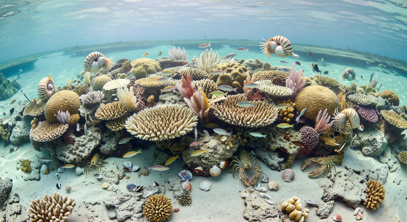 Sob águas rasas azul-turquesa de um recife tropical do Paleogénico, há cerca de 60 a 40 milhões de anos, vê-se uma plataforma carbonatada luminosa repleta de corais ramificados Acropora e grandes colónias arredondadas de Porites, entre bancos de areia bioclástica onde se erguem penas-do-mar. Entre os corais nadam peixes ósseos primitivos, vieiras de cerca de 10 cm e lagostas mosqueadas com 30 cm abrigam-se entre os escombros, enquanto náutilos de concha listrada — parentes dos atuais Nautilus — deslizam lentamente acima do recife. Esta cena, plausível para o norte da Austrália ou a margem tropical da África austral, revela um Hemisfério Sul ainda mergulhado num mundo-estufa, quando recifes quentes e biodiversos floresciam antes do arrefecimento global do final do Paleogénico.