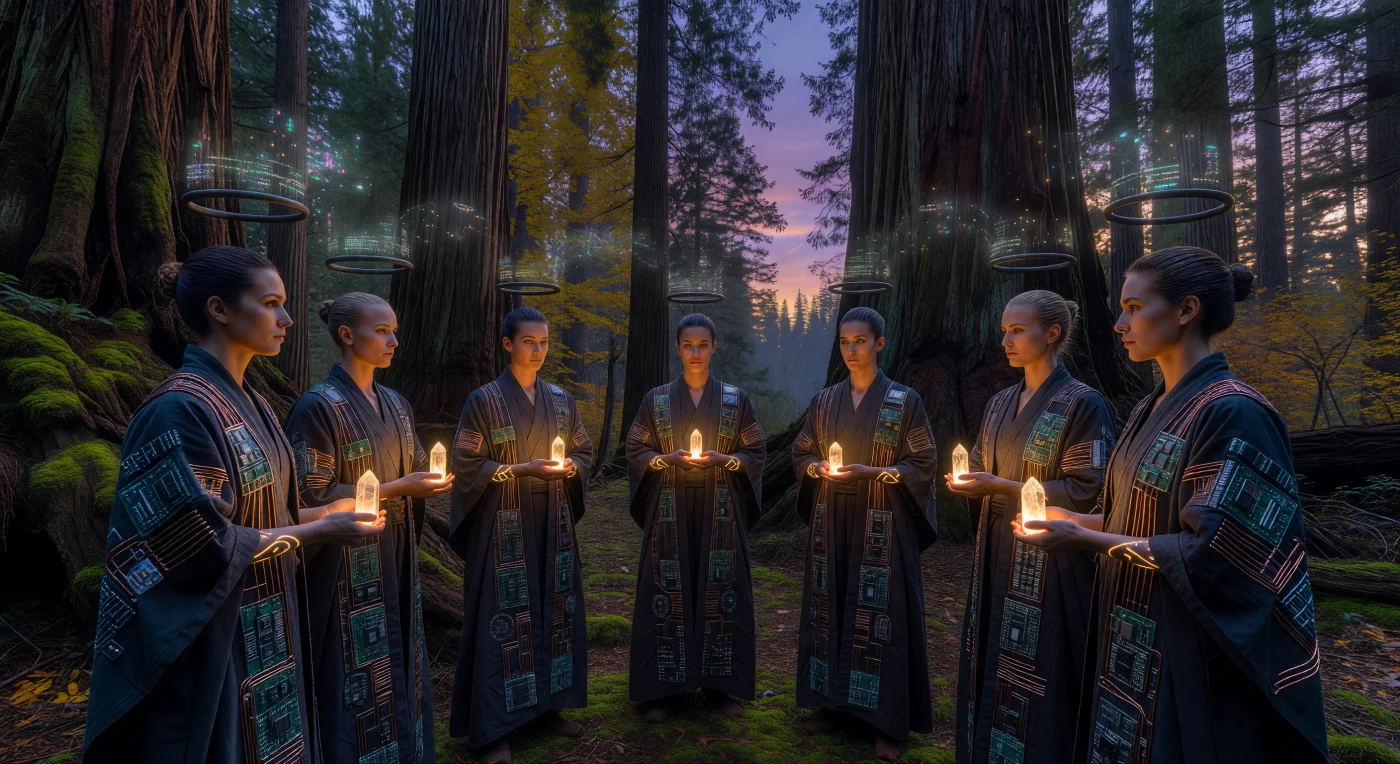 Deze reconstructie toont een groep Reciprocitisten tijdens een ritueel van 'data-vasten' in een genetisch gemodificeerd Sequoia-bos aan de vooravond van 2045. Gedurende deze 'Threshold'-periode (2025–2050) versmolten biologische substraten zoals myco-zijde met 'Dead Tech'-relikwieën van koper en silicium, wat de radicale spanning tussen hyper-technologische integratie en ecologisch herstel markeert. De beoefenaars, herkenbaar aan hun post-raciale 'Composite Face'-esthetiek en subdermale bioluminescente tatoeages, gebruiken amberkleurige Memory Shards om een tijdelijke breuk met het wereldwijde datanetwerk te bezegelen te midden van een atmosfeer verzadigd met koolstofafvangende deeltjes.