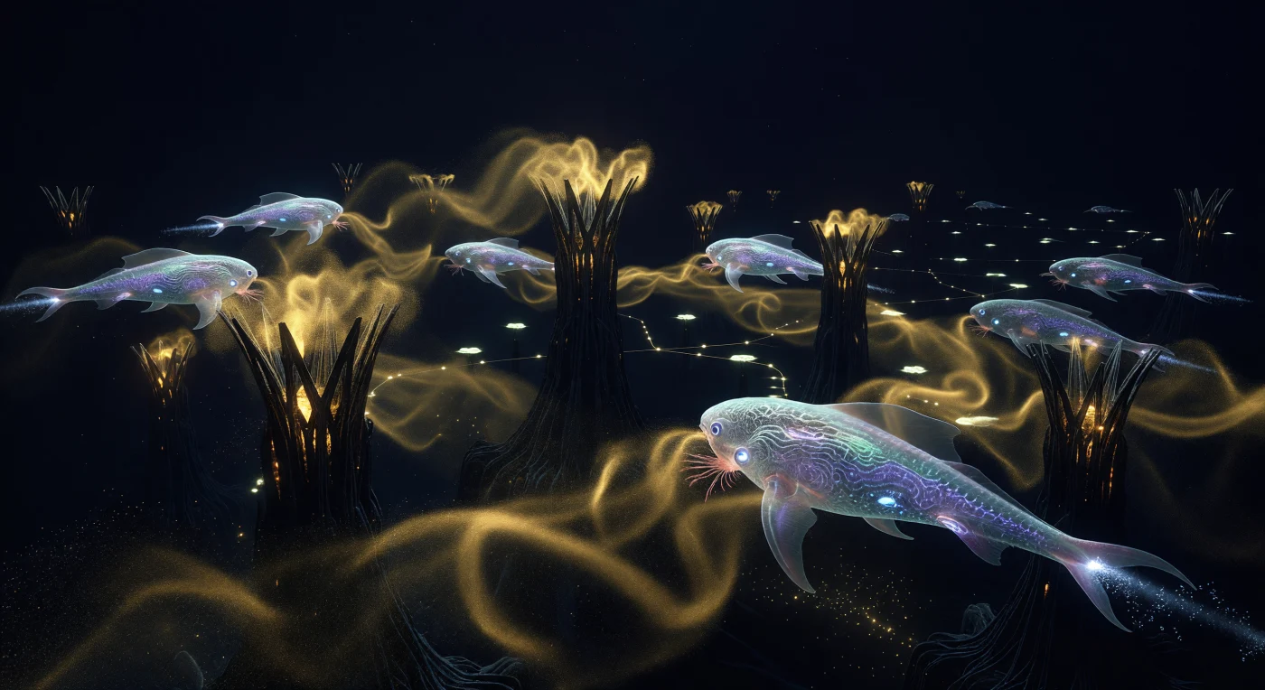 Au cœur des océans subglaciaires d'Europe, des évents monumentaux en nanotubes de carbone diffusent une brume nutritive dorée dans une eau à 2°C, marquant l'apogée de l'Âge Galactique (5 000 – 20 000 apr. J.-C.). Les Pellucides, organismes post-biologiques dotés de réseaux neuronaux en graphène, naviguent dans ce flux grâce à une propulsion ionique, filtrant les composés organiques par des branchies synthétiques. Cette symbiose entre ingénierie moléculaire et évolution dirigée permet à cette civilisation de prospérer dans l'obscurité totale, transformant les courants abyssaux en vastes réseaux agricoles automatisés.