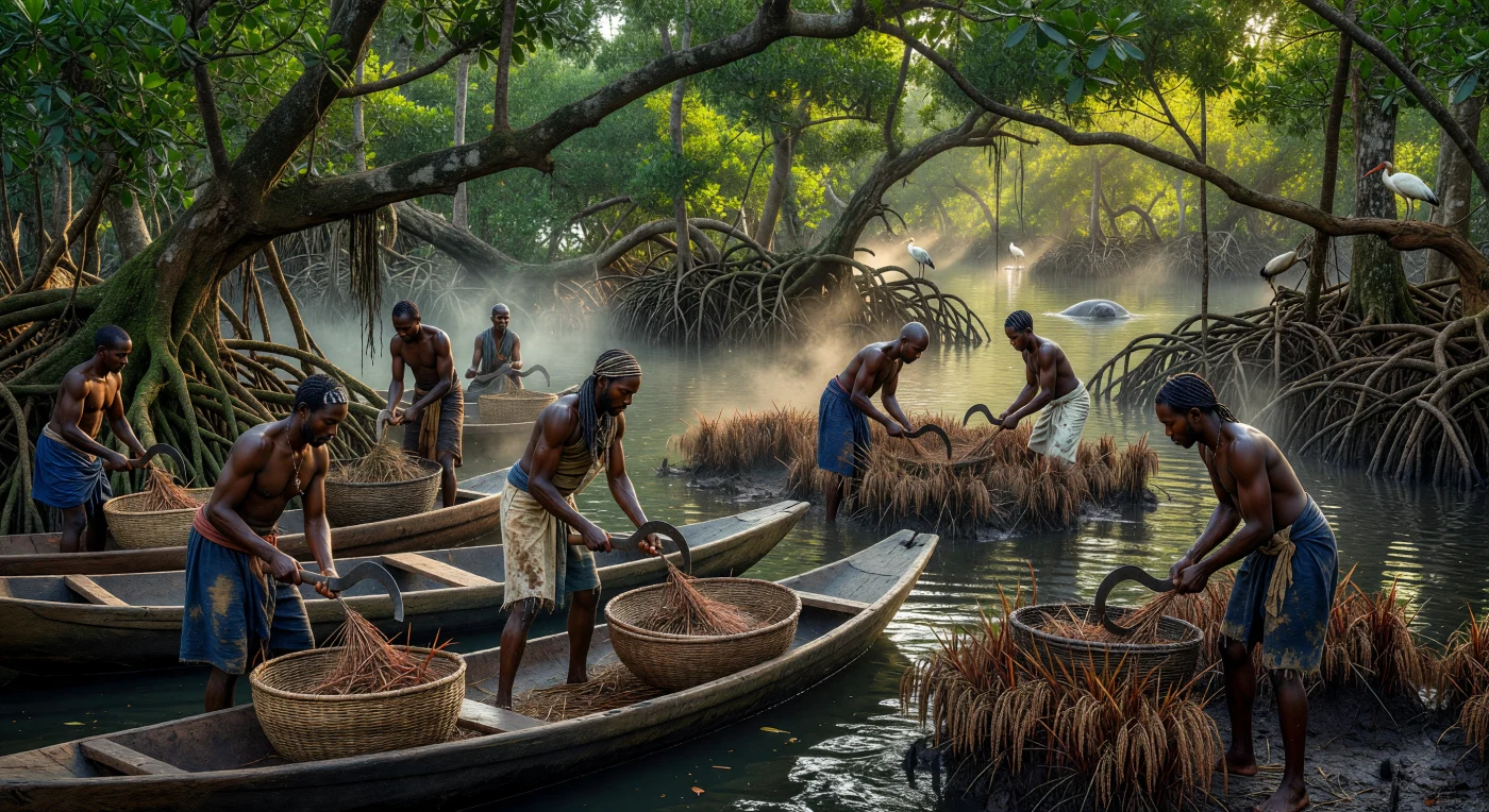 Dans le delta de la Haute-Guinée vers 1720, des agriculteurs manœuvrent avec expertise de grandes pirogues monoxyles à travers les racines entrelacées d'une mangrove dense et humide. Ils récoltent le riz africain indigène (*Oryza glaberrima*), aux grains rougeâtres distinctifs, en utilisant des faucilles en fer forgé localement et des paniers de raphia finement tressés. Cette scène témoigne de la sophistication des systèmes agricoles ouest-africains et de la maîtrise technique de ces populations dans la gestion des zones de marées au XVIIIe siècle.