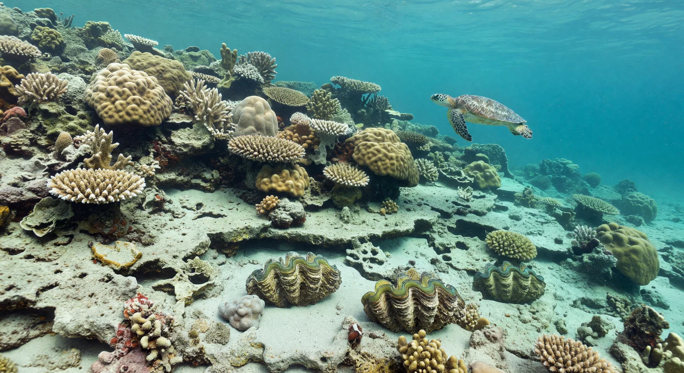 Durante a transição do Pleistoceno para o Holoceno, há cerca de 20 000 a 8 000 anos, águas azul-turquesa inundam um terraço calcário afogado enquanto o recife tropical recua encosta acima em resposta à rápida subida do nível do mar após a última glaciação. O observador veria colónias ramificadas de Acropora e grandes domos de Porites em tons creme, castanho-claro e oliva, com uma tartaruga-verde, Chelonia mydas, a deslizar serenamente sobre enormes amêijoas-gigantes Tridacna gigas parcialmente enterradas na areia carbonatada. Esta paisagem submarina regista o processo de backstepping recifal, em que os recifes abandonam superfícies mais antigas expostas durante fases glaciais e voltam a crescer para zonas mais rasas e próximas da nova linha de costa.