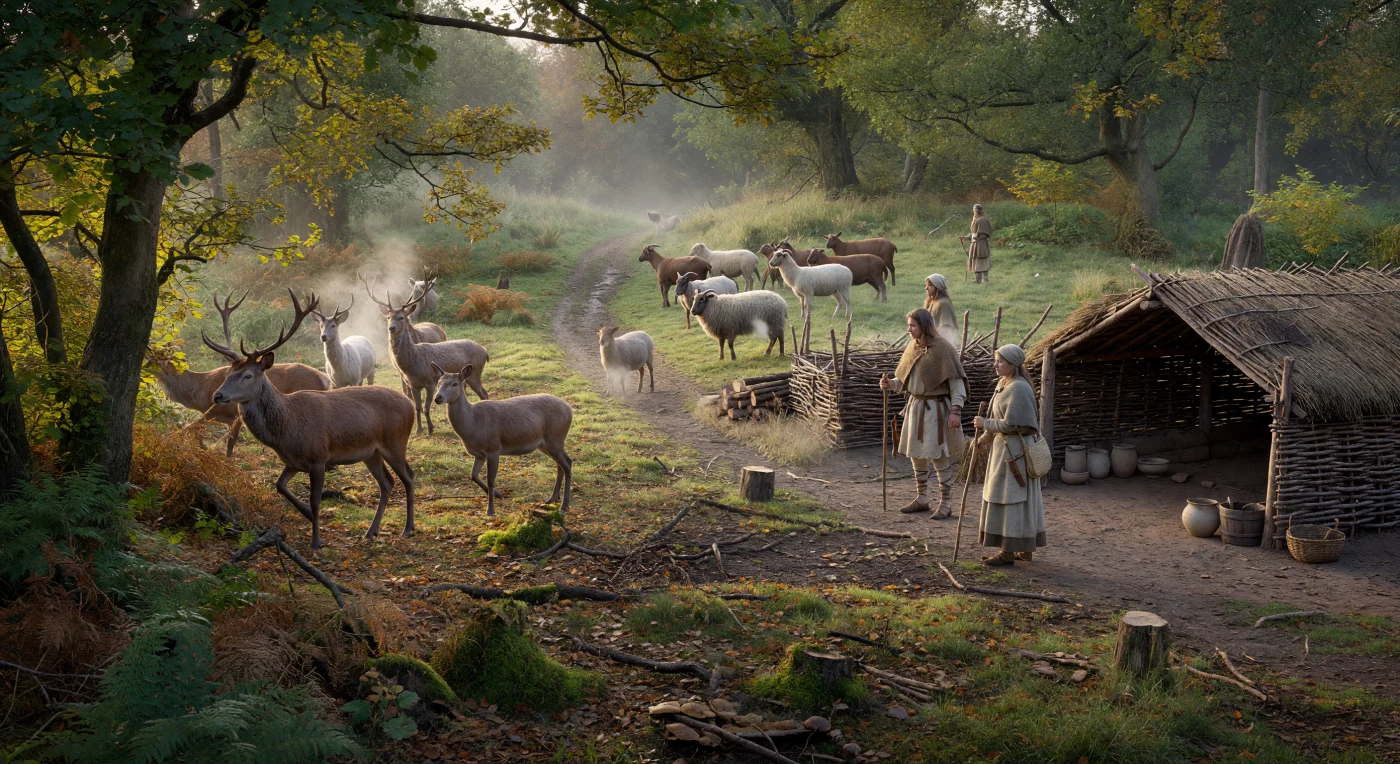 At the misty edge of a temperate European woodland, a red deer stag emerges from oak and hazel coppice while herders stand nearby with a small flock of sheep and goats. The scene evokes the middle to late 2nd millennium BC, when many Bronze Age communities managed forest margins through grazing, cutting, and seasonal herding rather than leaving them untouched. Simple wool clothing, brushwood pens, hand-built pottery, and a few modest bronze items reflect everyday rural life in a landscape shared by wild game and domestic animals.
