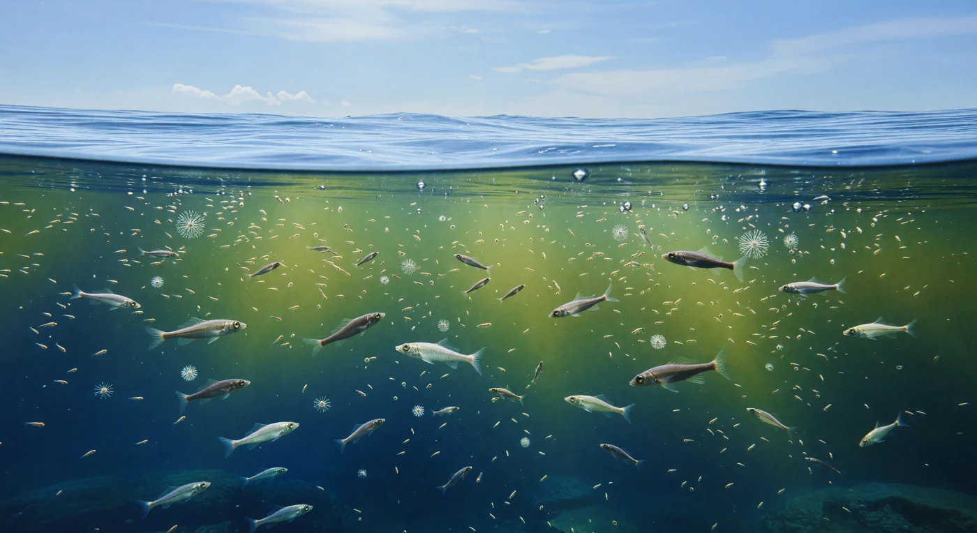 En las aguas superficiales del océano abierto del Devónico tardío, hace aproximadamente 372–359 millones de años, la luz del sol atraviesa un mar azul verdoso cargado de plancton, donde florecimientos de acritarcos y radiolarios sostienen densas nubes de diminuto zooplancton parecido a crustáceos. Entre esas presas centelleantes se deslizan conodontos de cuerpo anguiliforme, como Palmatolepis, de apenas 2–10 cm de largo, junto a pequeños peces acantodios plateados armados con finas espinas en las aletas. La escena revela una red trófica pelágica de mar abierto, desarrollada sobre plataformas externas y cuencas profundas, en un mundo cálido de efecto invernadero mucho antes de los reptiles marinos o los peces óseos modernos.