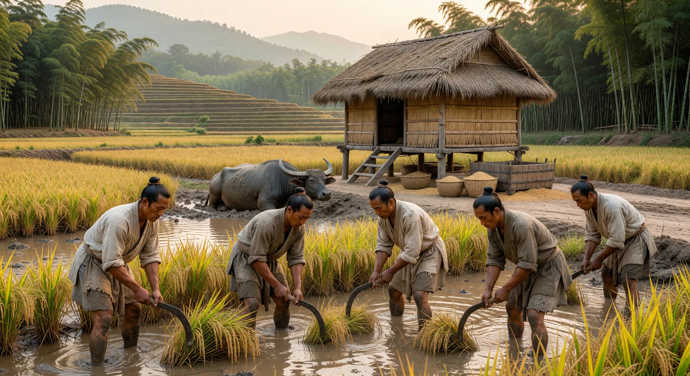 In den sonnendurchfluteten, schlammigen Ebenen des Jangtse-Tals ernten Bauern der Drei-Reiche-Periode mit handgeschmiedeten Eisensicheln die goldene Reisernte. Während ein Wasserbüffel im Hintergrund im Schlamm ruht, ragt ein auf hohen Stelzen errichteter hölzerner Speicher empor, der die lebenswichtigen Vorräte vor der Feuchtigkeit des subtropischen Südens schützt. Diese Darstellung fängt den mühsamen Arbeitsalltag und die technologische Raffinesse der spätantiken chinesischen Landwirtschaft ein, welche das wirtschaftliche Fundament dieser geschichtsträchtigen Ära bildete.