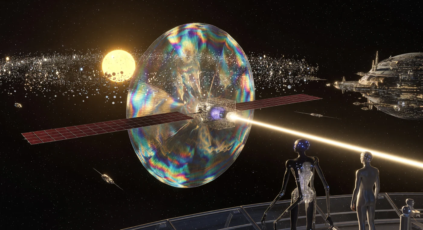 Set during the Era of Cosmic Maturity (c. 20,000–100,000 CE), this scene captures a relativistic trade vessel propelled by a concentrated laser beam from a Dyson Swarm within the Local Arm Federation. On an orbital observation deck, a translucent Hybrid being with a programmable nanite-chassis stands alongside an ancestral Baseline human, representing the biological and technological diversity of a Type II civilization. The gargantuan laser-sail, kilometers wide yet molecularly thin, reflects brilliant interference patterns as it carries "Seed Vats" and computational cores toward distant star systems, supported by massive infrared radiators designed to manage the immense waste heat of interstellar travel.