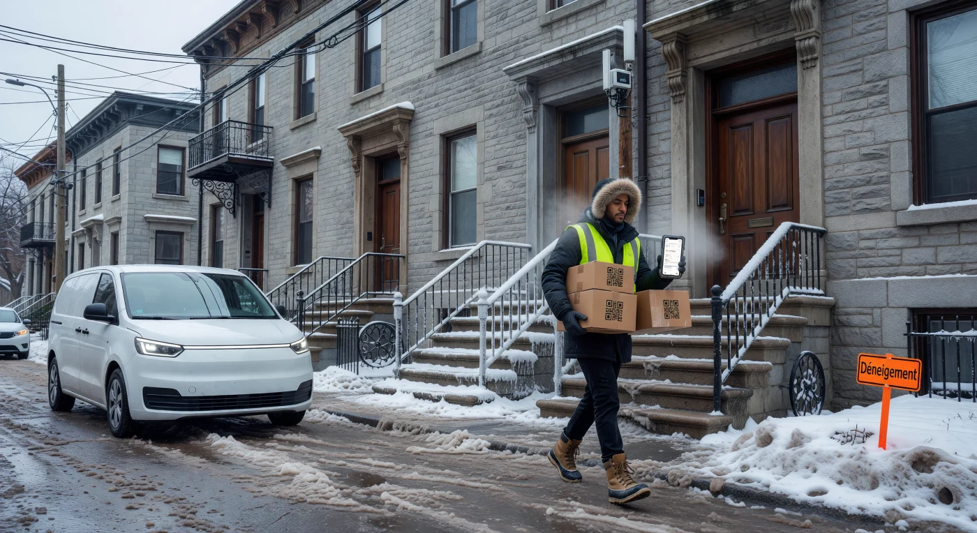 Un mensajero navega por la densa mezcla de nieve y sal de una calle de Quebec, entregando paquetes frente a los tradicionales triplex de piedra gris del siglo XIX. Esta imagen captura la esencia de la logística de "última milla" durante la Era Digital, donde vehículos eléctricos silenciosos y escáneres inteligentes se integran en el tejido urbano histórico. La escena refleja la convergencia de la modernidad tecnológica con la diversidad demográfica y el rigor climático característicos del este de Canadá a mediados de la década de 2020.