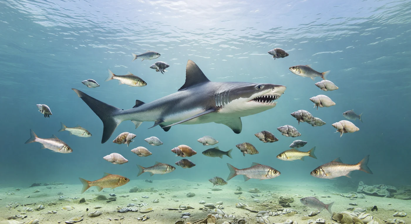 Dans une mer tropicale du Carbonifère supérieur, il y a environ 310 à 300 millions d’années, un grand requin Edestus de 3 à 4 mètres fond au milieu d’un banc de goniatites, notamment Goniatites et Cravenoceras, tandis que de petits poissons à nageoires rayonnées du genre Elonichthys s’écartent brusquement. La scène se déroule au-dessus d’un vaste fond carbonaté de la plateforme épicontinentale de la Laurussia équatoriale, baigné d’une lumière bleutée qui traverse l’eau claire. Les spectaculaires rangées dentaires recourbées d’Edestus — très différentes de la mâchoire des requins modernes — rappellent qu’avant les reptiles marins, les mers paléozoïques étaient dominées par des prédateurs cartilagineux, des céphalopodes à coquille et d’innombrables invertébrés de mer peu profonde.