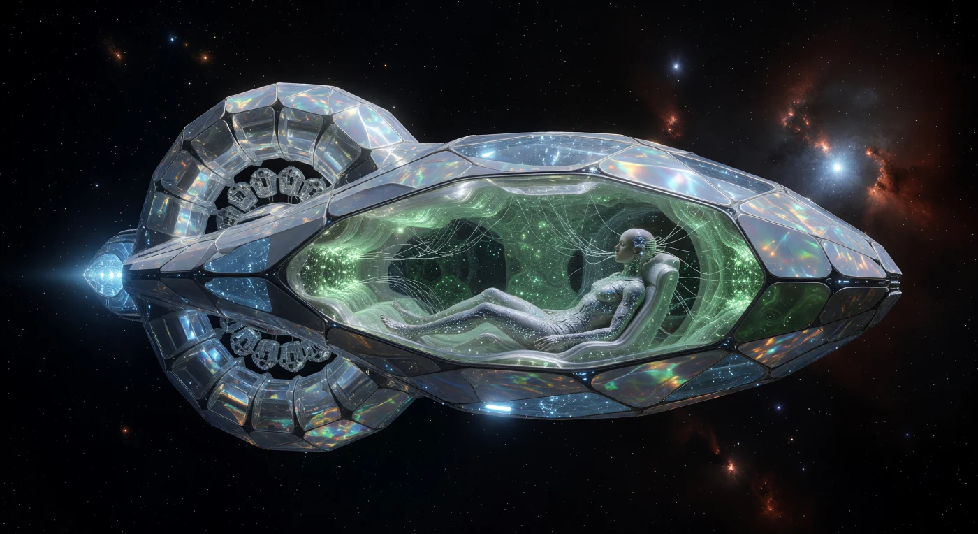 Cette résidence chrono-adaptative en transit dans le système d'Alpha Centauri, datant de l'Aube Interstellaire (3000-5000 apr. J.-C.), illustre l'apogée de l'architecture en matière programmable. Sa structure en graphène renforcé aux géométries fractales abrite un post-humain dont l'anatomie gracile témoigne d'une adaptation millénaire à la faible gravité des voyages stellaires. À l'intérieur, un écosystème symbiotique de mycélium-silicate bioluminescent assure la régulation vitale, témoignant d'une ère où la distinction entre habitat technologique et organisme vivant s'est définitivement effacée.