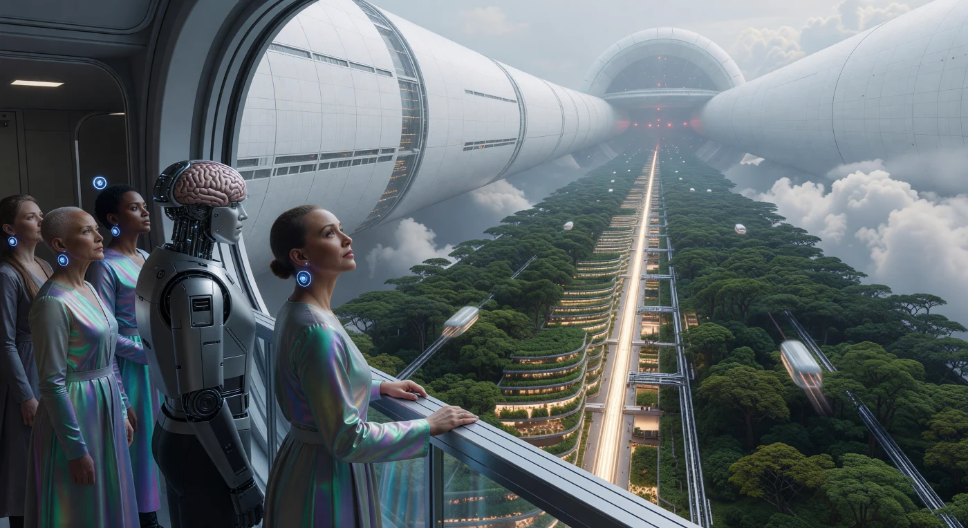 Au cœur de l’Arche de Sol, vers l’an 3000, des résidents « Bios » et « Synths » contemplent depuis une tour en nanotubes de carbone la courbure vertigineuse de leur monde-vaisseau en transit interstellaire. À 2,1 années-lumière de la Terre, cette biosphère pressurisée à 101,3 kPa révèle la « Colonne Verte », une forêt génétiquement modifiée s'élevant vers un axe de lumière plasma simulant l'éclat du système solaire originel. Ce vestige de l'époque de l'Expansion Solaire témoigne de la résilience de la vie, capable de franchir le vide à 10 % de la vitesse de la lumière pour s'établir par-delà les étoiles.