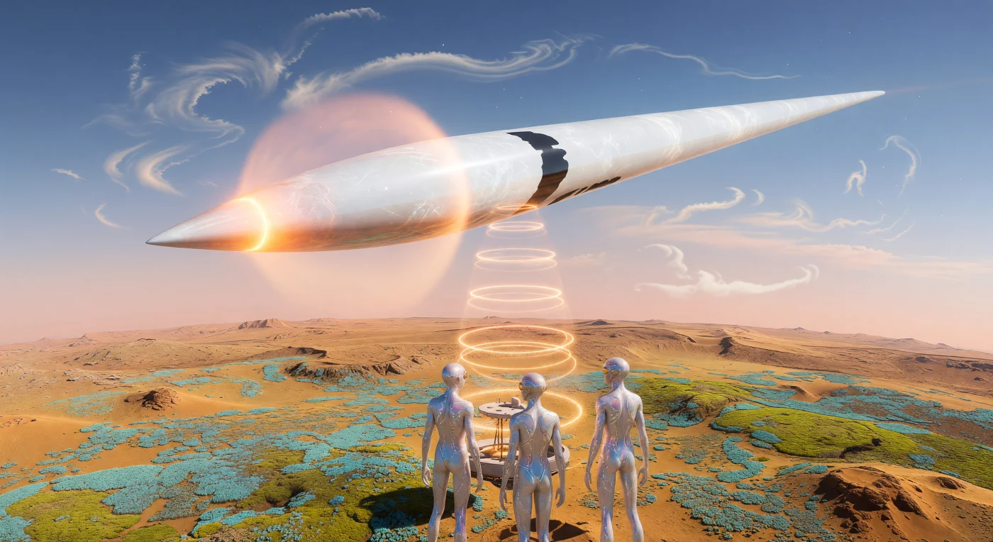 Suspendida en la órbita de un Marte en plena terraformación, una aguja de hierro cristalino de 20 kilómetros emplea pulsos térmico-gravitatorios para estabilizar la atmósfera, un proceso capturado aquí durante la era de la Madurez Cósmica (20,000 – 100,000 d.C.). Desde una plataforma de observación, post-humanos de morfología "Grácil de Baja Gravedad" —seres de extremidades alargadas y piel iridiscente— supervisan la transición de los desiertos rojos hacia ecosistemas de líquenes cian y musgos sintéticos. Esta pieza documenta el momento en que la tecnología y la biología se fusionaron, permitiendo a los herederos de la Tierra esculpir climas planetarios con la precisión de un instrumento musical.