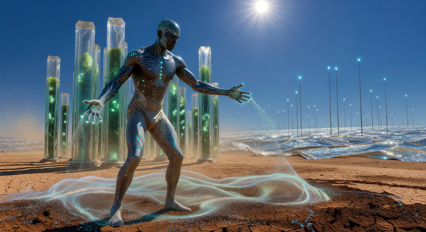 Nesta cena de 2088, durante o período da Alvorada Aumentada, um Escultor Ambiental utiliza a técnica de "Ghost-Driving" para coordenar uma nuvem de nanobôs que regeneram o solo árido do Sahel, convertendo a terra terracota em húmus rico em nutrientes. O indivíduo, um humano aumentado com padrões neurais "Nyansapo", atua em meio a tanques verticais de algas bioluminescentes e sob a sombra de uma vasta infraestrutura de energia solar e micro-ondas que compõe a Arca Solar. Esta imagem captura o auge de uma civilização de Tipo 0.85 na Escala de Kardashev, onde a engenharia molecular e a biologia coexistem em uma simbiose projetada para a restauração climática e o manejo energético planetário.