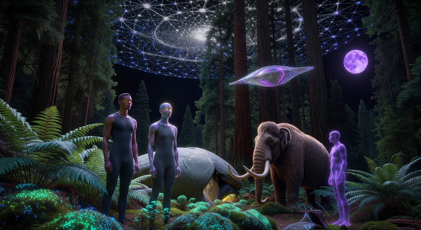 In der Ära der Kosmischen Reife (ca. 25.000–102.000 n. Chr.) fungiert die Erde als geschütztes Garten-Museum, in dem de-extinktierte Wollhaarmammuts und Riesenfarne unter einem Himmel aus technologischen Megastrukturen gedeihen. Zwischen biolumineszenten Moosen interagieren biologisch unveränderte Menschen mit digital projizierten „Echos“, während über ihnen das Sol-Stellar-Array – ein Netz aus Billionen von Spiegeln – das gesamte Licht der Sonne einfängt. Das sanfte violette Pulsieren des Mondes, der zum Luna-Rechensubstrat umgewandelt wurde, beleuchtet diese einzigartige Symbiose aus urzeitlicher Biologie und der planetenumspannenden Architektur einer Typ-II-Kardaschow-Zivilisation.