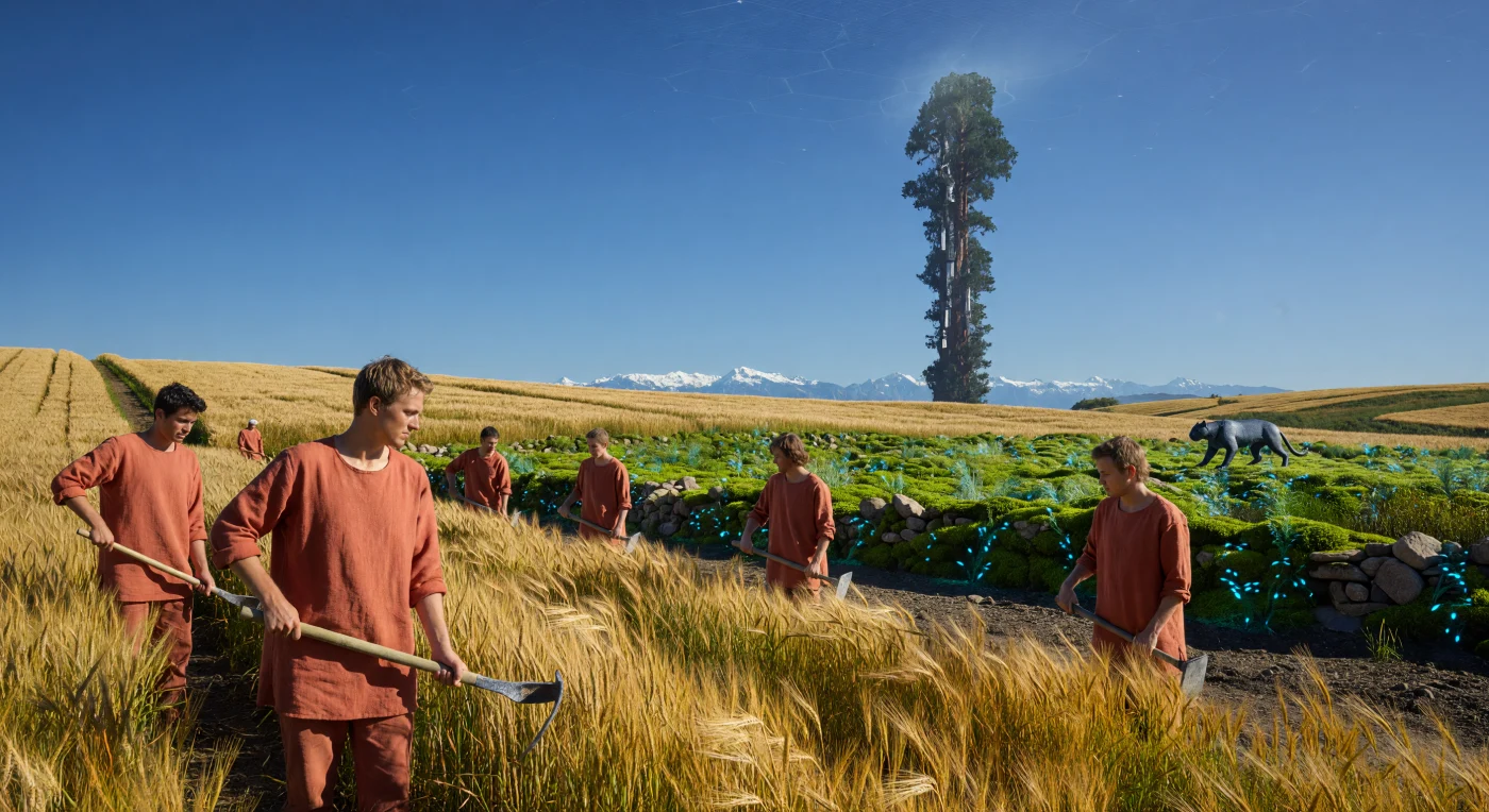 Set within a high-altitude Nature Reserve during the Great Divergence (c. 2200–2500 CE), this scene depicts baseline *Homo sapiens* engaging in "Restoration Labor" to tend heritage wheat. While the laborers utilize traditional agricultural methods, the landscape is supported by hidden, high-level technology, including synthetic "Piezo-Flora" moss that harvests wind energy and a massive Direct Air Capture tower disguised as a 300-meter redwood tree. Overhead, the sky reveals the subtle hexagonal geometry of Orbital Shading Lenses, part of a Dyson Swarm designed to regulate Earth’s climate and maintain a stable, pre-industrial atmospheric transparency.