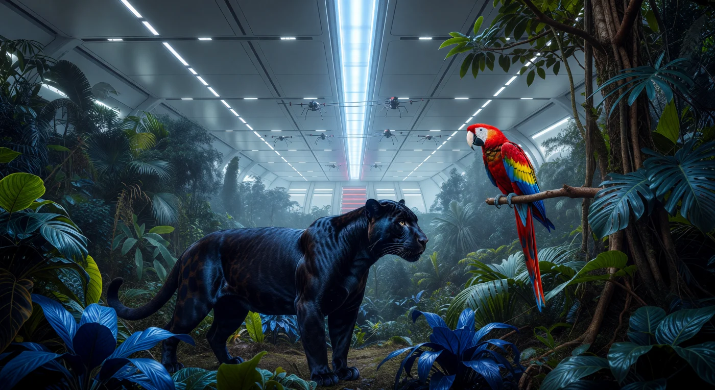 Within the "Bio-Pocket" of a massive rotating orbital habitat, a genetically resurrected melanistic jaguar (*Panthera onca*) stalks a scarlet macaw through a synthetic rainforest 400 kilometers above Earth. Set during the era of The Convergence in 2144 AD, this scene showcases the integration of biological life into Earth’s orbit, featuring engineered flora with modified chloroplasts optimized to thrive under the habitat’s artificial plasma light. The jaguar’s elongated musculature reflects specific physical adaptations to the station’s 0.8g centripetal gravity, highlighting the biological shifts required for terrestrial species to inhabit advanced human-made celestial structures.