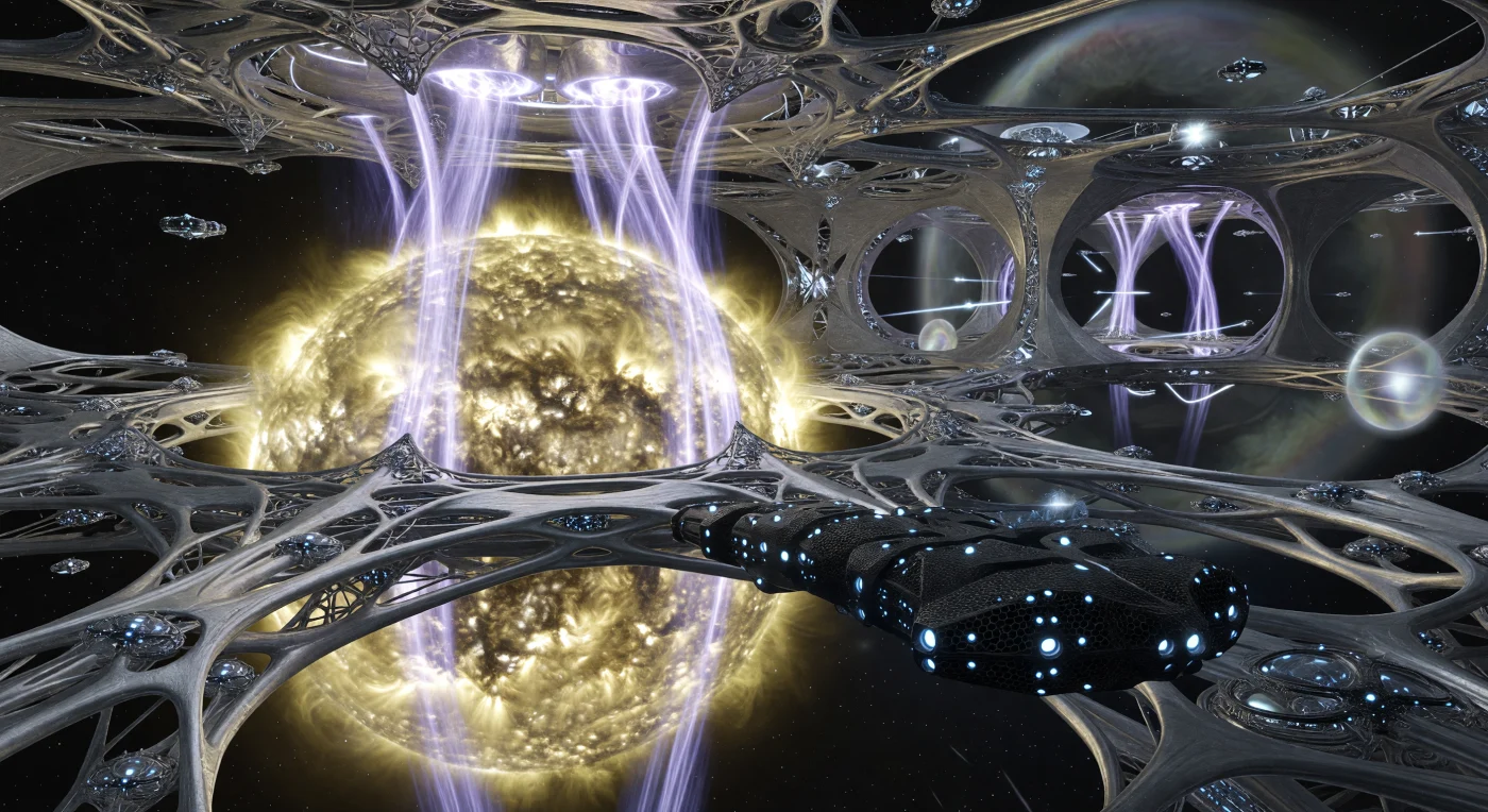 In questa veduta dell'Era Galattica (5.000 – 20.000 d.C.), una maestosa Fucina Stellare in iridio e diamante avvolge una stella di tipo G, utilizzando potenti campi magnetici per estrarre plasma ricco di elementi pesanti. Tra le immense strutture di supporto si distinguono i Pod Sinaptici, complessi residenziali per entità post-biologiche che appaiono come piccoli cirripedi su tralicci larghi centinaia di chilometri. Questa megastruttura rappresenta l'apice dell'urbanismo di un'epoca in cui la vita senziente abbandonò le superfici planetarie per trasformare le stelle stesse in motori di produzione industriale.