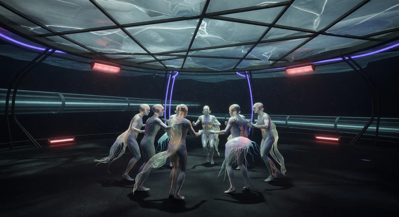 En las profundidades del océano de Europa, un grupo de Aquamorphs se reúne en una plaza suspendida bajo una corteza de hielo de quince kilómetros de espesor. Durante la Era de la Expansión Solar (aprox. 2500-3000 d.C.), estos humanos modificados genéticamente desarrollaron hendiduras branquiales sintéticas y patrones bioluminiscentes para comunicarse mediante pulsos rítmicos en el abismo presurizado. La escena captura la sofisticada vida social en "Nueva Venecia", donde la tecnología de seda inteligente y la energía capturada de la magnetosfera de Júpiter permiten la persistencia de la civilización en un entorno de oscuridad perpetua y presiones extremas.