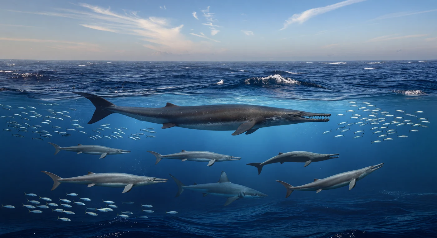 In de open oceaan van het late Eoceen, ongeveer 40–34 miljoen jaar geleden, kronkelt een reusachtige Basilosaurus isis van 15–18 meter door donker kobaltblauw water terwijl een groep Dorudon atrox van 4–5 meter in paniek wegduikt tussen flitsende scholen beenvissen. Dieper onder hen doemt vaag de rug op van een grote lamniforme haai, mogelijk Otodus obliquus, als een extra roofzuchtige schaduw in de diepte. Deze scène toont een wereld na het verdwijnen van de zeereptielen, toen de warme Tethysoceaan en subtropische Atlantische wateren werden beheerst door vroege walvissen, haaien en vissen in een oceaan die al verrassend modern aanvoelde.