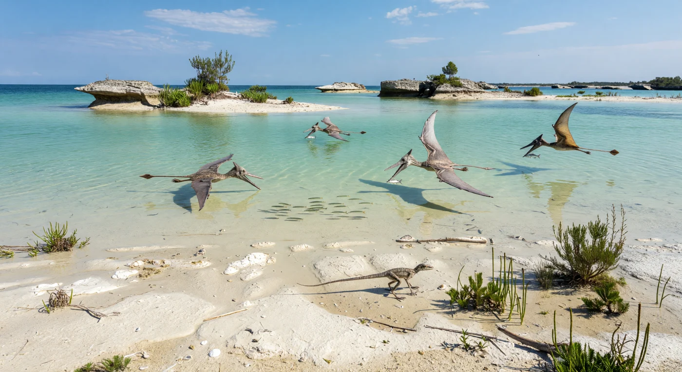 Über einer sonnendurchfluteten Gezeitenfläche am Rand einer flachen Solnhofen-Lagune im heutigen Süddeutschland jagen mehrere Rhamphorhynchus mit Spannweiten von etwa 1 bis 1,8 Metern dicht über dem türkisfarbenen Wasser nach silbrig aufblitzenden Leptolepis, während am offenen Strand ein kleiner Compsognathus zwischen Treibholz, Cycadeen und bennettitalen Sträuchern nach Insekten späht. Die Szene spielt im späten Jura, genauer im Tithonium vor rund 150 Millionen Jahren, als ein warmes Inselarchipel aus Kalkplattformen, Lagunen und Schlickflächen den Rand des Tethys-Meeres prägte. Ripplemarken im hellen Karbonatschlamm, Trockenrisse, Muschelreste und Belemnitenrostren verweisen auf die ruhigen, zeitweise abgeschlossenen Flachwasserbedingungen, die Solnhofen zu einer der berühmtesten Fossillagerstätten der Welt machten.