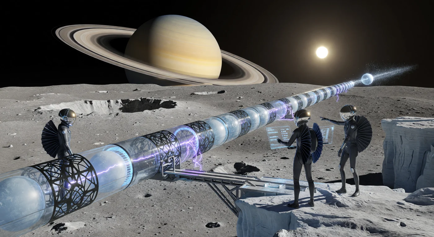 On the icy surface of Rhea, a massive electromagnetic mass-driver hurls canisters of crystalline nitrogen toward the inner solar system, a vital resource for the terraforming of Mars during the Solar Expansion era (c. 2500–3000 AD). In the foreground, "Aero" engineers—genetically modified humans adapted for low-gravity and vacuum environments—oversee the launch, their specialized exoskeletons featuring large radiator fins to dissipate waste heat into the void. The scene highlights the industrial scale of the Cronian Hegemony, with the gas giant Saturn dominating the horizon above the fractured, 73-Kelvin regolith of the Tirawa crater.