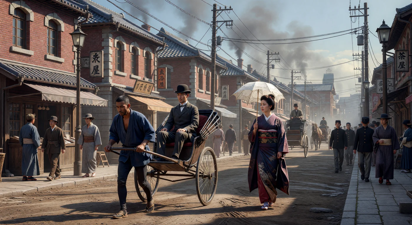 La vibrante calle Ginza de la década de 1890 cobra vida en esta escena, donde los edificios de ladrillo rojo de estilo Giyofu y los cables de telégrafo marcan la rápida modernización del Tokio de la era Meiji. El contraste cultural es palpable: un caballero con abrigo y bombín viaja en un rickshaw de madera, mientras una mujer de la alta sociedad luce un elegante kimono de seda complementado con una sombrilla de encaje europea. Esta estampa captura con precisión la transformación de un Japón que, durante la Belle Époque, fusionaba con audacia sus tradiciones ancestrales con las innovaciones industriales de Occidente.