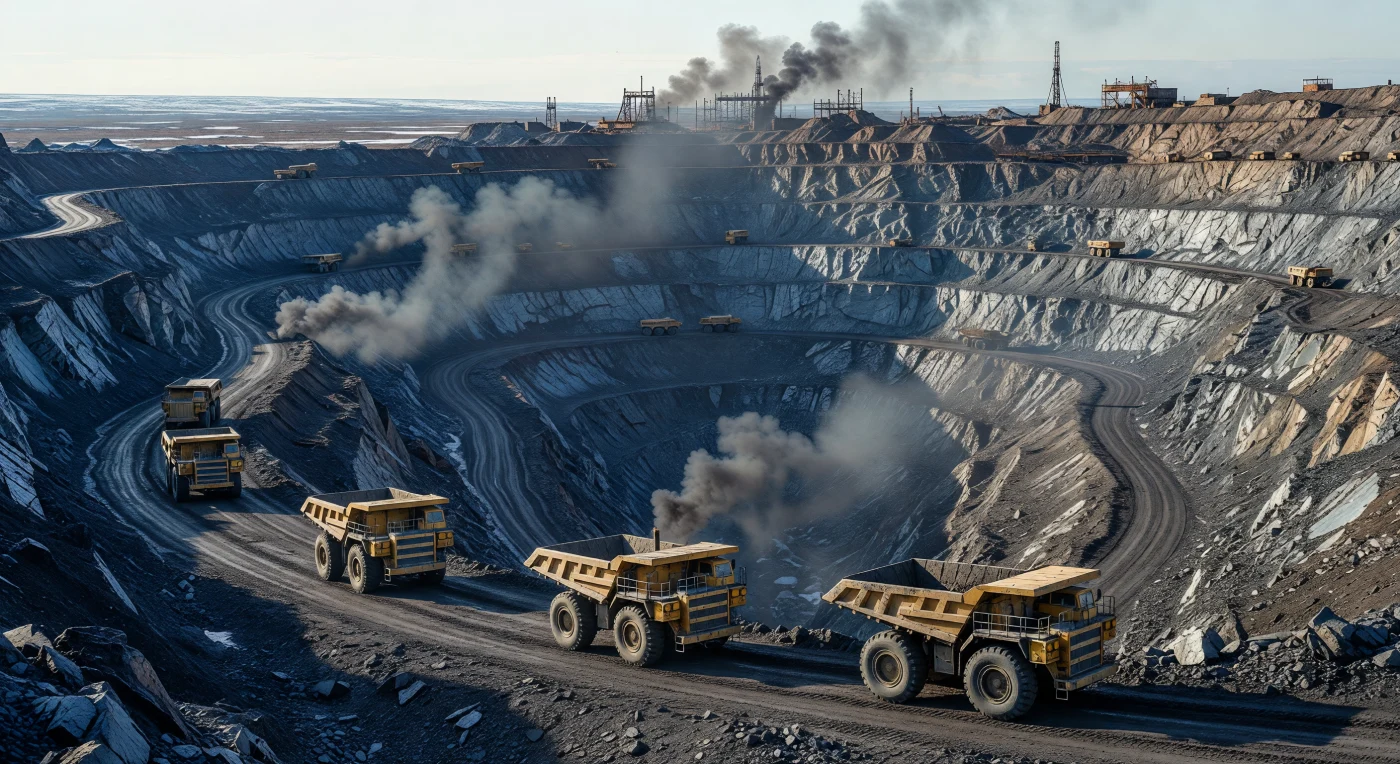 In den 1970er Jahren winden sich gewaltige sowjetische BelAZ-Muldenkipper über die staubigen Serpentinen der Mirny-Diamantenmine in Jakutien, die als einer der tiefsten Tagebaue der Welt gilt. Die massiven Kraterwände aus blaugrauem Basalt und Kimberlit-Erz zeugen vom monumentalen industriellen Ehrgeiz der Sowjetunion, die Rohstoffe Sibiriens trotz extremster Permafrostbedingungen zu erschließen. Inmitten von aufsteigendem Dieselaustoß und dem kalten Licht der Arktis illustriert diese Szene die raue Schnittstelle zwischen menschlicher Ingenieurskunst und der unerbittlichen Natur des Hohen Nordens.