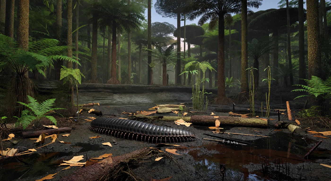 Auf dem sumpfigen Waldboden der äquatorialen Karbonwälder Euramerikas kriecht ein riesiges Arthropleura – ein bis zu etwa 2 Meter langer, vielgliedriger Gliederfüßer – über verrottende Rinde von Lepidodendron und nasses Farnstreu, während kleine schabenähnliche Insekten auseinanderspritzen. Die Szene spielt vor rund 310–300 Millionen Jahren in einem heißen, sauerstoffreichen Torfsumpf unter den Schirmen von Psaronius-Baumfarnen sowie den stammartigen Bärlapppflanzen Lepidodendron und Sigillaria. Solche wassergetränkten Moore lagerten mächtige Torfschichten ab, aus denen später viele der heutigen Kohleflöze entstanden – ein eindrucksvoller Blick in eine fremde, uralte Welt lange vor den Dinosauriern.