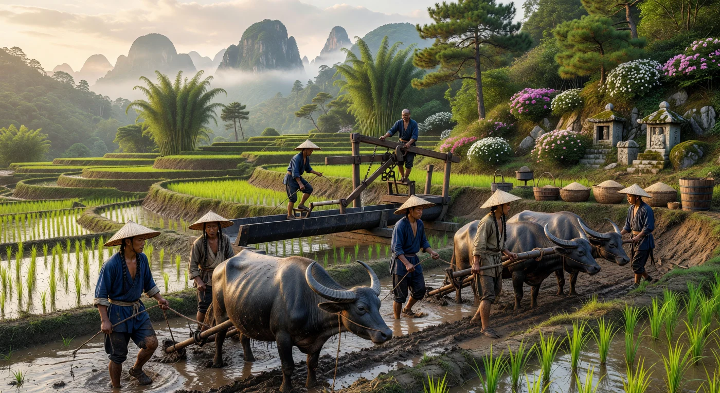 Onder de vochtige ochtendmist van de Qing-dynastie rond 1740 bewerken Han-boeren de vruchtbare rijstterrassen van Zuid-China met behulp van waterbuffels en traditionele houten 'drakenvleugel-pompen'. De arbeiders, herkenbaar aan hun met indigo geverfde kleding en de door de Mantsjoes verplichte vlecht, maken gebruik van vernuftige irrigatietechnieken te midden van het iconische kalksteenlandschap van Guangxi. Deze intensieve landbouwmethoden vormden de economische basis voor de enorme bevolkingsexplosie die het achttiende-eeuwse Chinese keizerrijk kenmerkte.