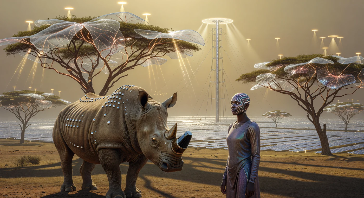 Durante l'Alba Aumentata del 2088, il bacino del Sahel testimonia la rinascita biotecnologica del rinoceronte bianco settentrionale (*Ceratotherium simum cottoni*), i cui impianti neurali lo connettono direttamente all'intelligenza collettiva del continente. In questo ecosistema del "Solar Arc", esemplari de-estinti e guardiani Bio-Armonisti convivono tra acacie bio-ingegnerizzate dalle venature metalliche, progettate per catturare l'energia wireless irradiata dalle stazioni orbitali Helios. L'immagine cattura un momento fondamentale della Grande Muraglia Verde 2.0, dove l'ingegneria climatica e la simbiosi cibernetica hanno ridefinito la biodiversità africana nel tardo XXI secolo.
