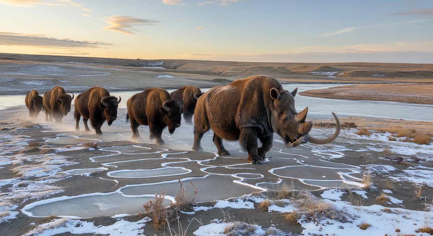 Nel tardo Pleistocene, tra circa 100.000 e 14.000 anni fa, un rinoceronte lanoso, Coelodonta antiquitatis, avanza su una terrazza di permafrost solcata da grandi poligoni di ghiaccio, seguito da una fila di bisonti delle steppe, Bison priscus, con le spalle imponenti velate di brina. La scena mostra la “steppa dei mammut”, un vasto ecosistema freddo, secco e ricco di nutrienti che si estendeva dall’Europa alla Siberia: non una tundra innevata né una prateria moderna, ma una pianura ventosa di loess, graminacee basse e sedimenti gelati. Il lungo corno anteriore appiattito del rinoceronte, usurato dallo spazzare la neve, e le sagome poderose dei bisonti evocano un mondo perduto dominato da megafaune adattate al gelo.