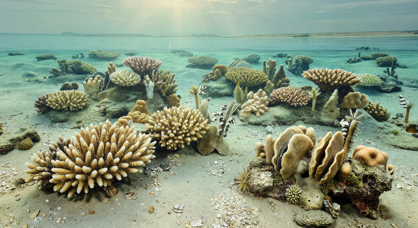 In questo mare basso e limpido della Tetide, lungo il margine settentrionale di Gondwana, si vedono bassi patch reef triassici formati dai coralli sclerattini *Retiophyllia* e *Volzeia*, intrecciati con spugne ipercalcificate, croste microbiche, crinoidi e grandi bivalvi megalodontidi infissi nel fondale carbonatico. La scena appartiene al Triassico superiore, circa 235–201 milioni di anni fa, quando le scogliere marine si stavano ancora riprendendo e diversificando dopo la grande estinzione di fine Permiano. Più aperto e discontinuo di una barriera corallina moderna, questo ecosistema mostra come coralli, microbi e invertebrati costruttori abbiano ricostruito lentamente gli habitat tropicali della Tetide sotto la luce calda di un antico mare di Gondwana.