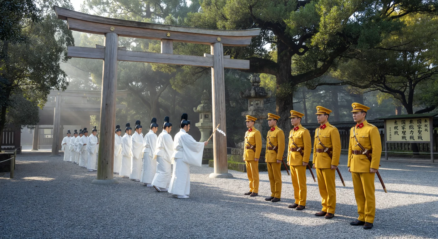Au pied d'un imposant torii en cèdre brut, des officiers de l'Armée impériale japonaise en uniformes de laine moutarde se tiennent au garde-à-vous lors d'un rituel de purification matinal dans un sanctuaire de Tokyo. Sous une brume légère, des prêtres shinto en robes de soie blanche agitent le *haraegushi* pour sanctifier les soldats, illustrant la fusion solennelle entre la spiritualité traditionnelle et le militarisme de l'ère Showa au début des années 1940. Cette mise en scène rigoureuse témoigne de l'importance du Shinto d'État comme outil de cohésion nationale et de ferveur patriotique durant la Seconde Guerre mondiale.