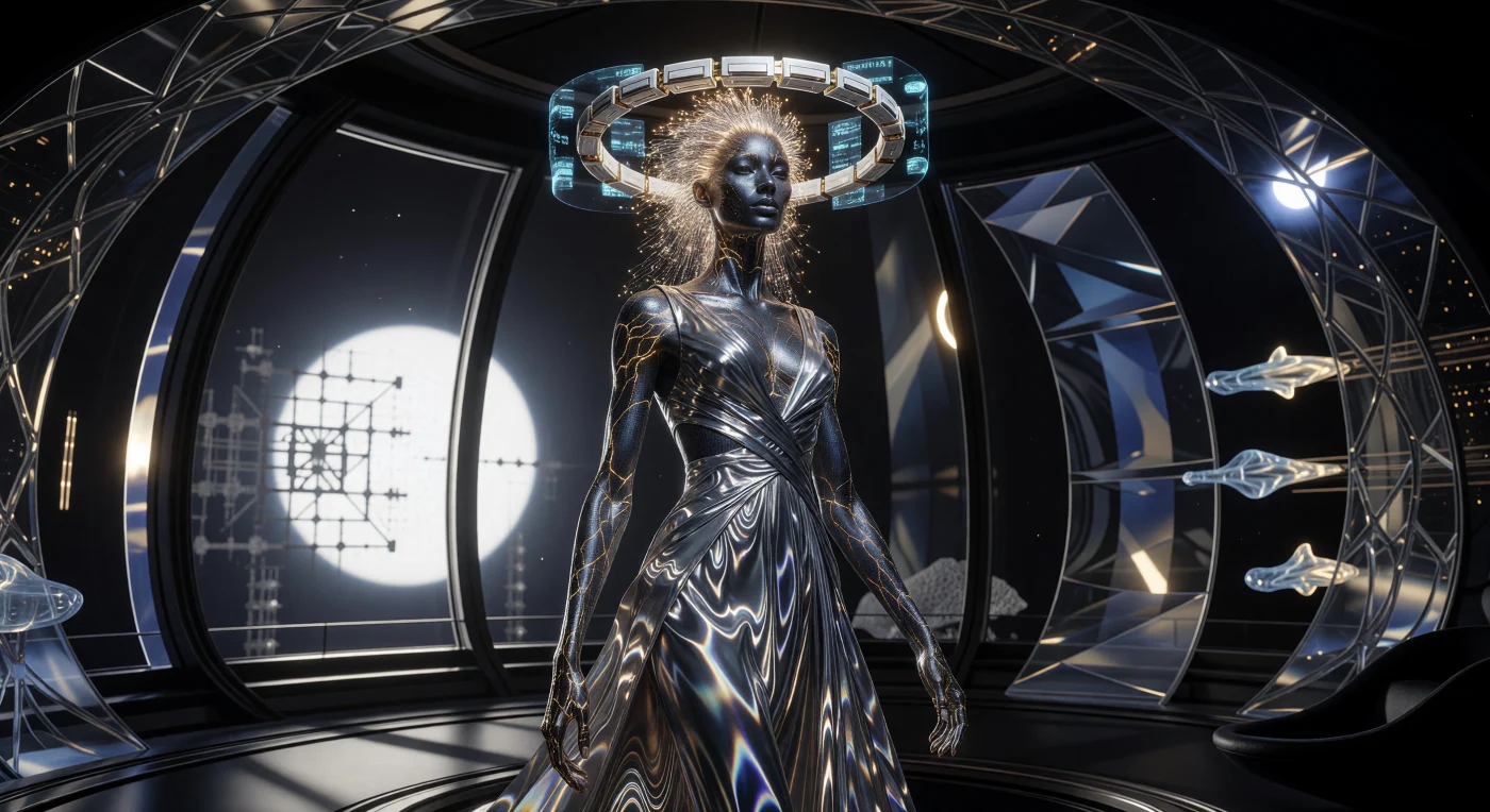 Questo ritratto del XXVIII secolo immortala un esponente dell' "Ideale Solare", una morfologia umana geneticamente ottimizzata per la vita in bassa gravità, distinguibile per gli arti allungati e le "Lume-Veins" pulsanti di luce ambrata. Durante l'Era dell'Espansione Solare (2500–3000 d.C.), l'estetica d'élite integrava biologia e tecnologia estrema, come dimostrato dalla pelle rinforzata all'iridio e dalle ciglia a fibre ottiche sensibili all'attività neurale. Sullo sfondo di uno sciame di Dyson in fase di assemblaggio, il soggetto indossa tessuti in grafene e seta metallica, simboli di una civiltà che ha trasceso i confini planetari per colonizzare il vuoto del sistema solare interno.