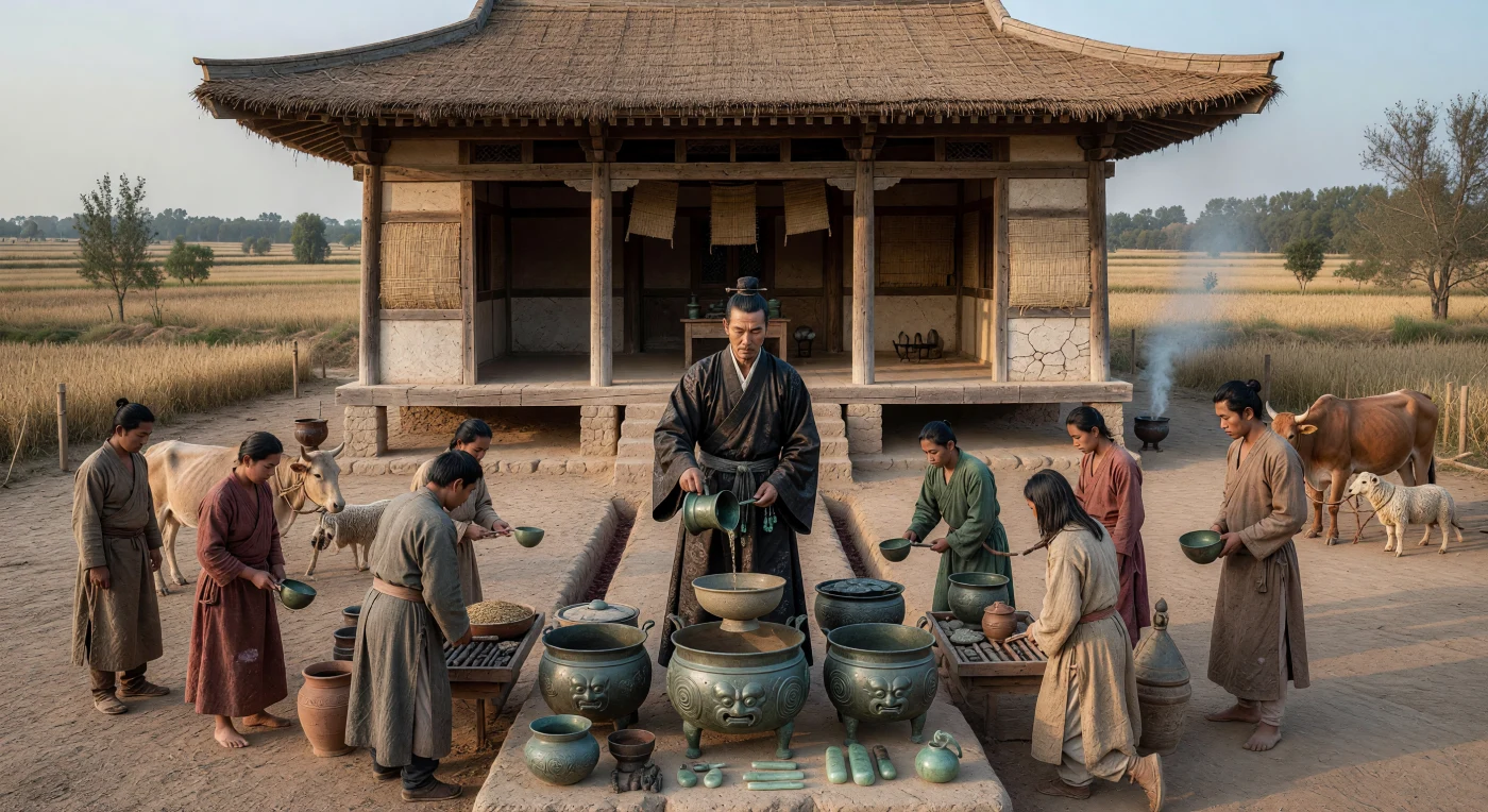 En este patio ritual de la dinastía Shang temprana, en el norte de China hacia los siglos XVI–XIV a. C., un jefe de linaje noble ofrece vino de mijo fermentado en vasijas de bronce jue y ding ante un salón ancestral de madera levantado sobre tierra apisonada. A un lado esperan bovinos, ovejas y perros destinados al sacrificio, recordando que estos ritos unían ofrendas, banquetes y sangre para honrar a los antepasados y afirmar el poder de la élite. Los bronces decorados con relieves taotie y las piezas de jade muestran una sociedad donde la autoridad política, la memoria familiar y la tecnología metalúrgica estaban estrechamente entrelazadas.