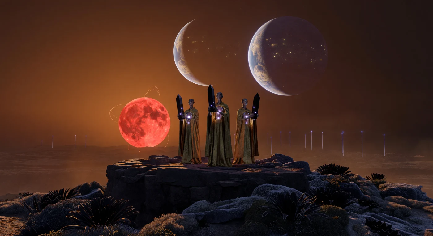 Nesta reconstrução da era da Alvorada Interestelar (3000–5000 d.C.), sacerdotes da linhagem *Atmos* — humanos bioengenheirados com derme enriquecida com chumbo e alvéolos sintéticos — erguem prismas de obsidiana sobre falésias de basalto na Zona do Exterminador de TRAPPIST-1e. O cenário ilustra a ecologia única de um mundo travado gravitacionalmente, onde o "Musgo-Cintilante" negro absorve o espectro infravermelho sob um céu dominado pelas imensas silhuetas dos planetas vizinhos e feixes de transmissão de energia por micro-ondas. Esta representação do Consenso Ressonante testemunha a fragmentação da humanidade em linhagens adaptadas a nichos orbitais, unindo tecnologia avançada e biologia em resposta às extremas condições térmicas e radiativas do sistema TRAPPIST-1.