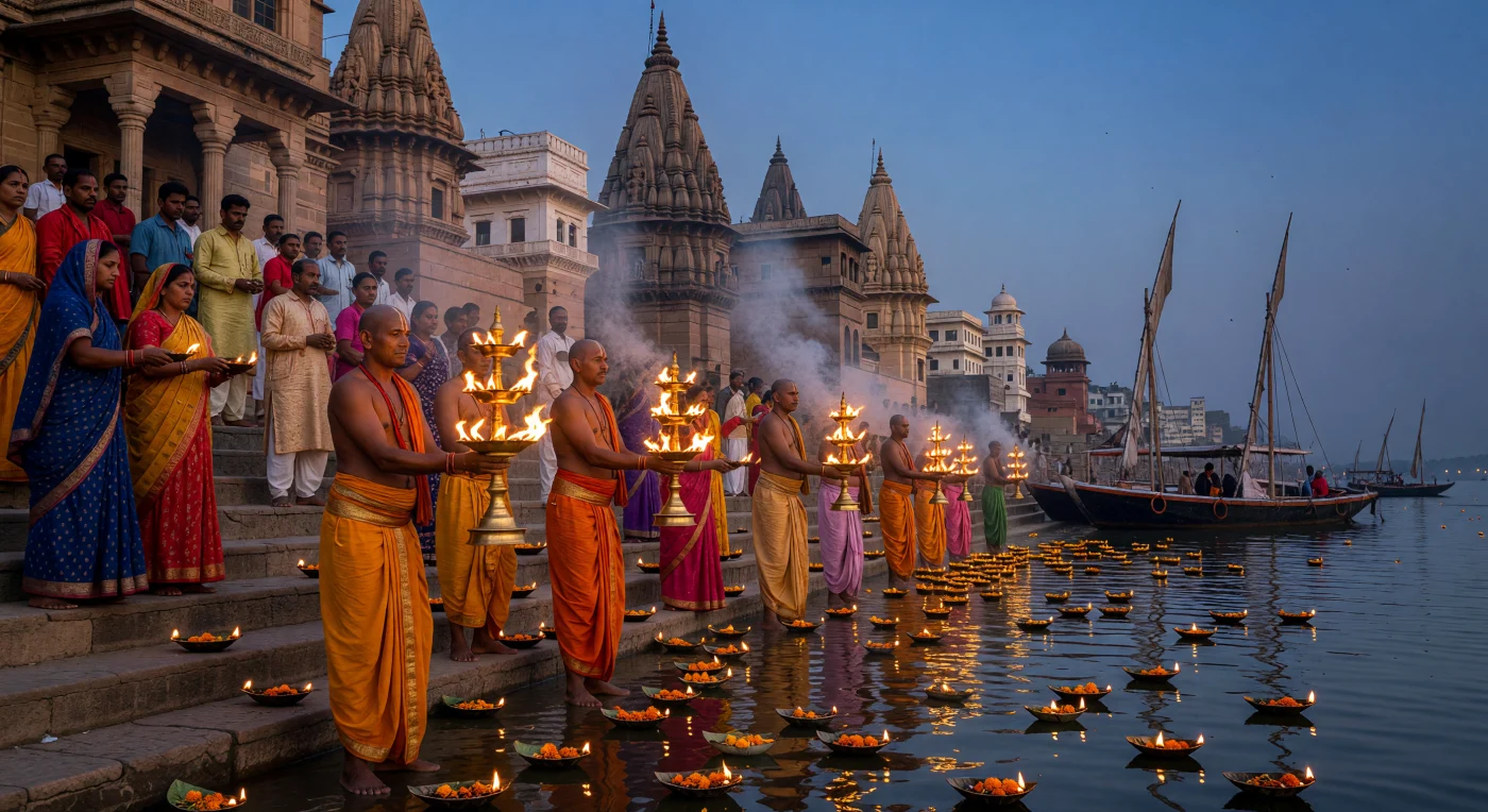 No Dashashwamedh Ghat, em Varanasi, sacerdotes brâmanes realizam o ritual do Aarti ao entardecer, erguendo imponentes lâmpadas de latão em chamas sob a arquitetura monumental de arenito do estilo Maratha. Enquanto peregrinos lançam pequenos barcos de folhas com calêndulas nas águas reflexivas do Ganges, a cena ilustra a vibrante continuidade das tradições hindus na década de 1830, um período marcado pela transição do poder regional para a consolidação do domínio britânico no Sul da Ásia. Esta atmosfera de devoção e fogo capta a essência de um dos centros espirituais mais antigos do mundo durante a Era das Revoluções.