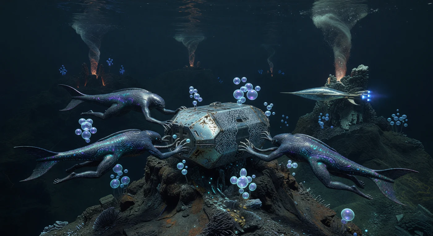 In the abyssal depths of the ocean world Tau Ceti e, three Cetus-Sapiens perform a ritual "merging" with a 2910 AD landing module anchored to the submerged Himalayan Ridge. These bio-engineered post-humans, specialized for high-pressure environments with carbon-nanotube-reinforced skin and acoustic-primary senses, represent the dominant life during the Interstellar Dawn era (3000–5000 AD). The scene captures a profound moment of cultural heritage as the beings use their multi-fingered tendrils to access the "Titanium Casket," a digital library housing the final records of Earth’s history preserved 80 kilometers beneath the waves.